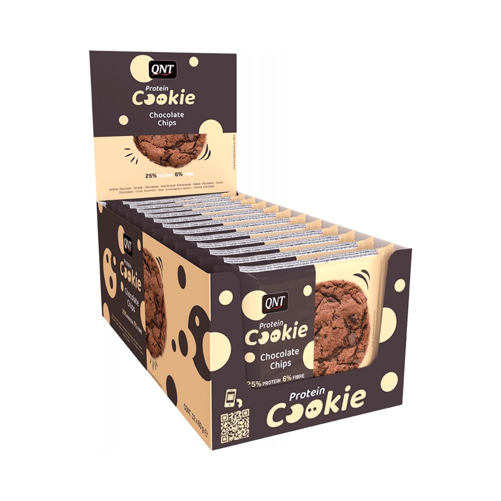 QNT Protein Cookie (12x60g) Chocolate Chips - High Protein Low Sugar Snacks for Weight Loss & Muscle Gain - Perfect for Gym, Workout, and Healthy On-the-Go Breakfast
