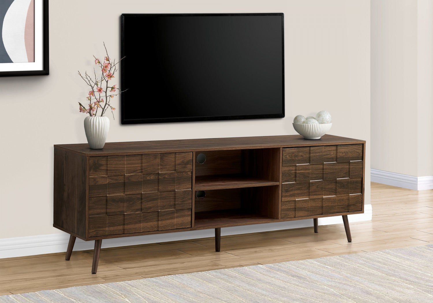 Modern Walnut TV Stand for Living Room - Cirrus Entertainment Center with Storage Shelves | Perfect for Flat Screen TVs, Gaming Consoles & Media Storage