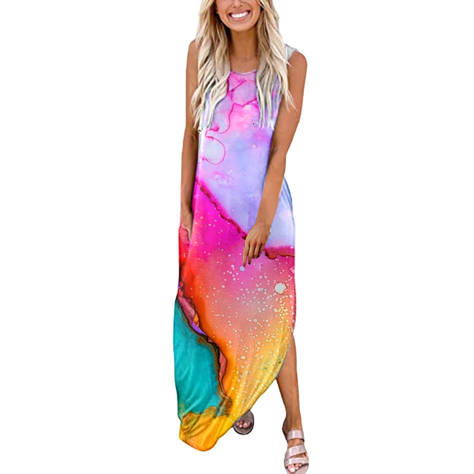 Women's Maxi Dress for Summer & Spring - O-Neck Sleeveless Boho Long Dress with Side Slit & Pockets | Perfect for Beach, Vacation, and Casual Outings