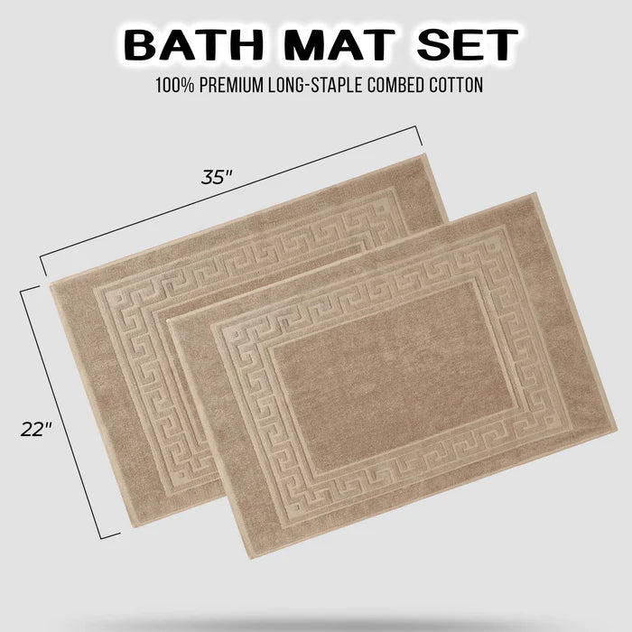 Premium Cotton 2-Piece Greek Key Border Bath Mat Set - Ultra Absorbent, Non-Slip Bathroom Rug - Perfect for Modern Bathrooms, Master Suites & Spa-Like Retreats