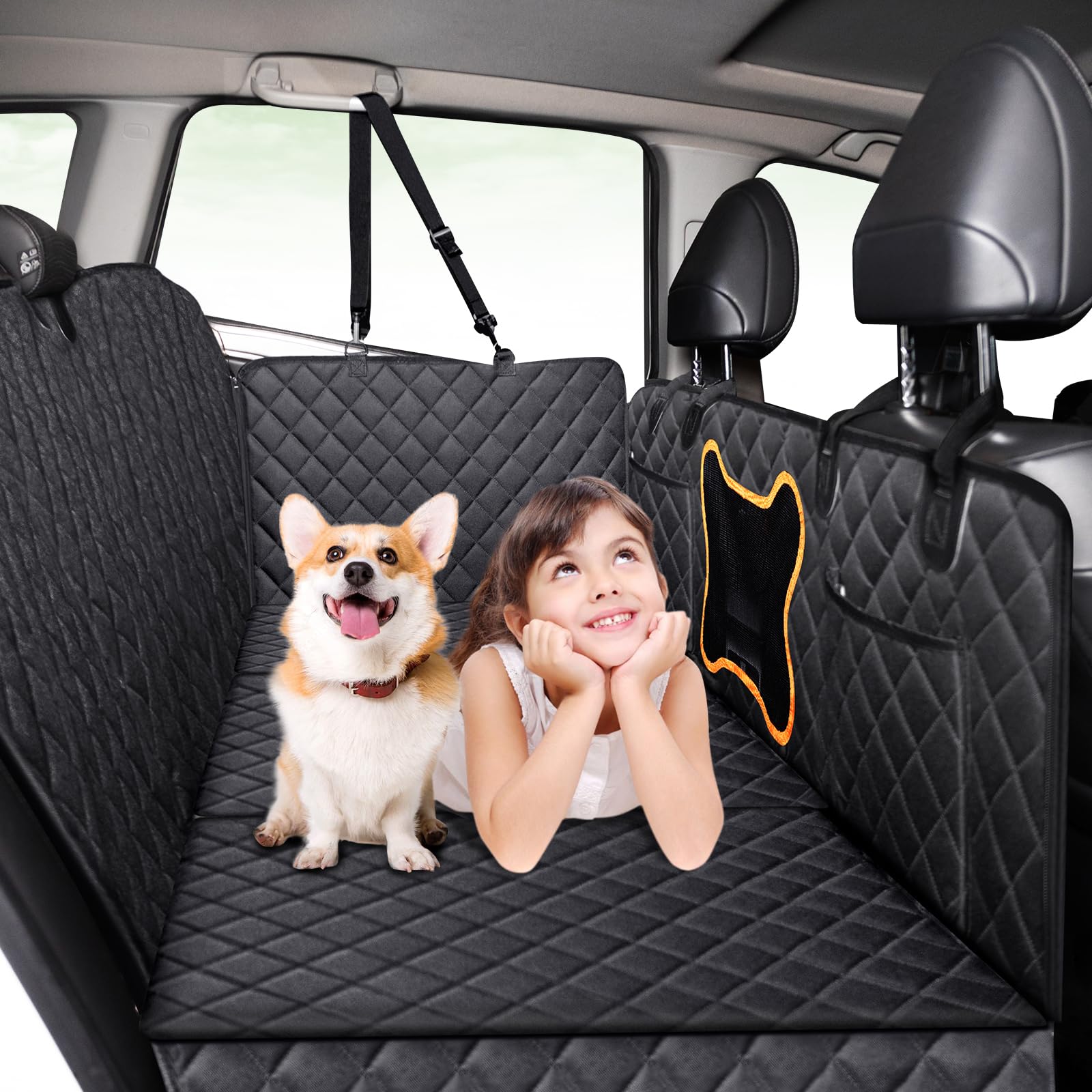 Happept Dog Car Seat Extender with Hard Bottom - Waterproof Back Seat Cover & Hammock Bed for Cars, SUVs, Trucks (Black, Medium) - Perfect for Road Trips, Travel & Pet Safety