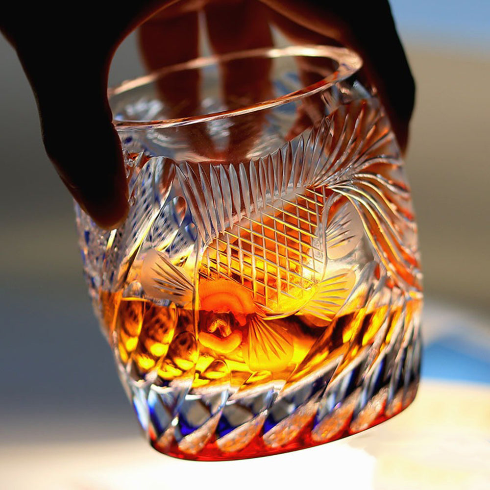 Handcrafted Edo Kiriko Koi Whisky Glass & Tea Cup - Japanese Artisan Cut Crystal for Whiskey, Cocktails & Tea Ceremony - Perfect Gift for Collectors & Home Bar Decor