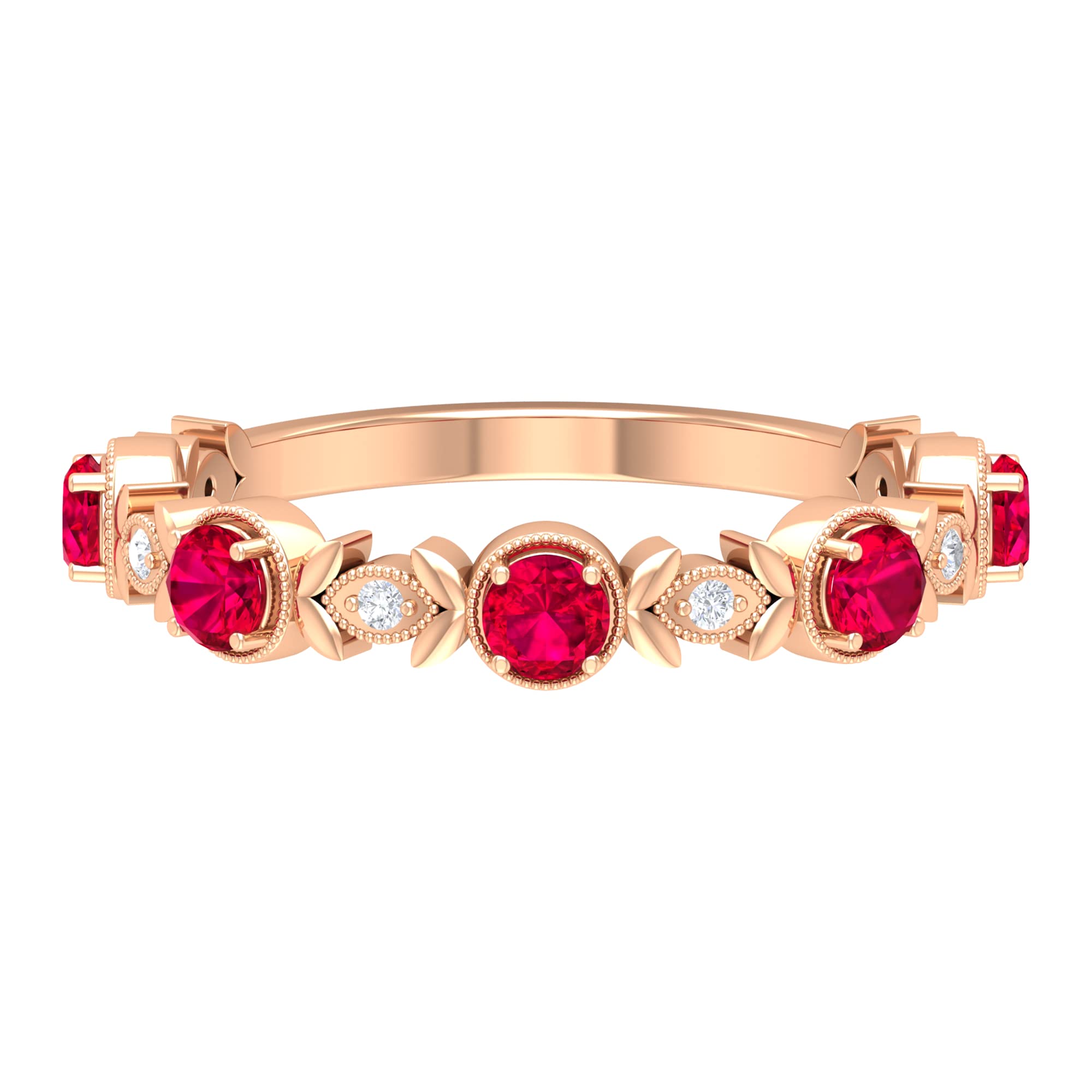 3/4 CT Ruby and Diamond 14K Solid Gold Ring - Floral Inspired Beaded Half Eternity Band for Women | Perfect for Anniversaries, Engagements & Special Occasions