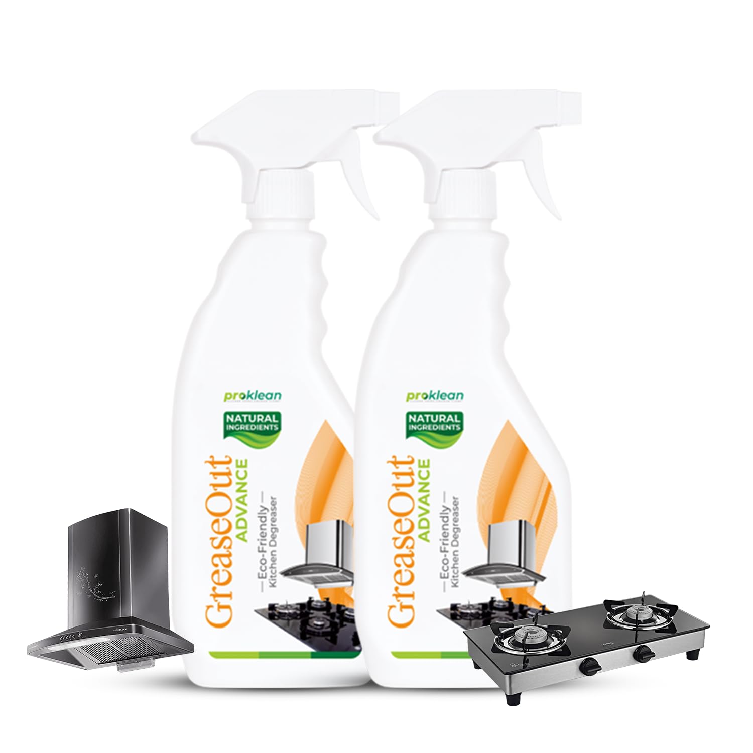 Proklean GreaseOut Kitchen Cleaner Spray – 500ml | Natural Degreaser & Oil Stain Remover for Stovetops, Countertops, Grills, Gas Stoves | Eco-Friendly Non-Toxic Kitchen Cleaning Spray | Multi-Surface Cleaner for Chimneys, Exhaust Fans, Deep Fryers | Heavy-Duty Stove & Chimney Cleaning Solution (Pack of 2) | Perfect for Daily Kitchen Cleaning & Tough Grease Removal