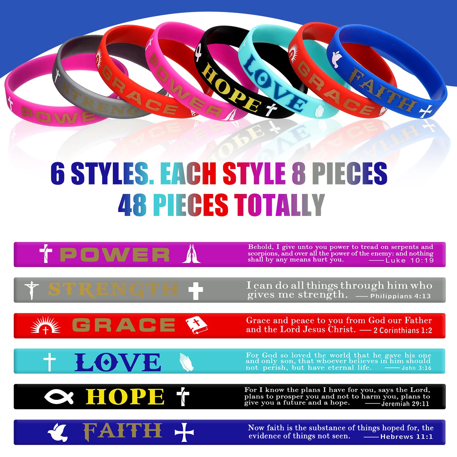 48 Pcs Christian Silicone Wristbands - Bible Verse Bracelets with Inspirational Scripture (Hope, Faith, Strength, Grace, Love) - Religious Gifts for Men & Women - Perfect for Church Events, Bible Study Groups, and Daily Encouragement