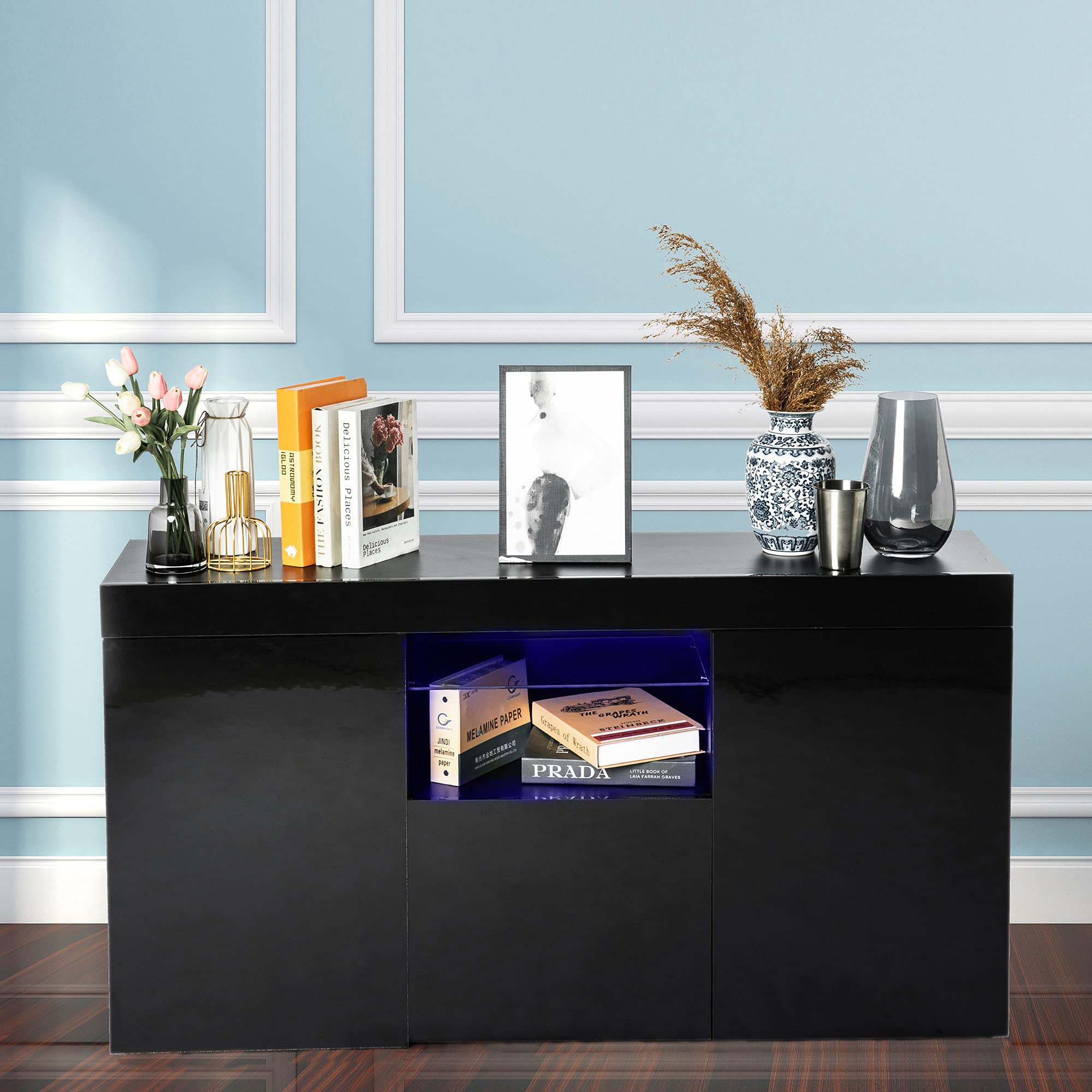 UV Coated High Gloss Sideboard with 16 Color Options & 4 LED Lighting Effects - 3-Door Storage Cabinet for Kitchen, Bar, Hallway, Dining & Living Room (Black) - Perfect for Modern Home Decor, Entertaining & Stylish Storage Solutions