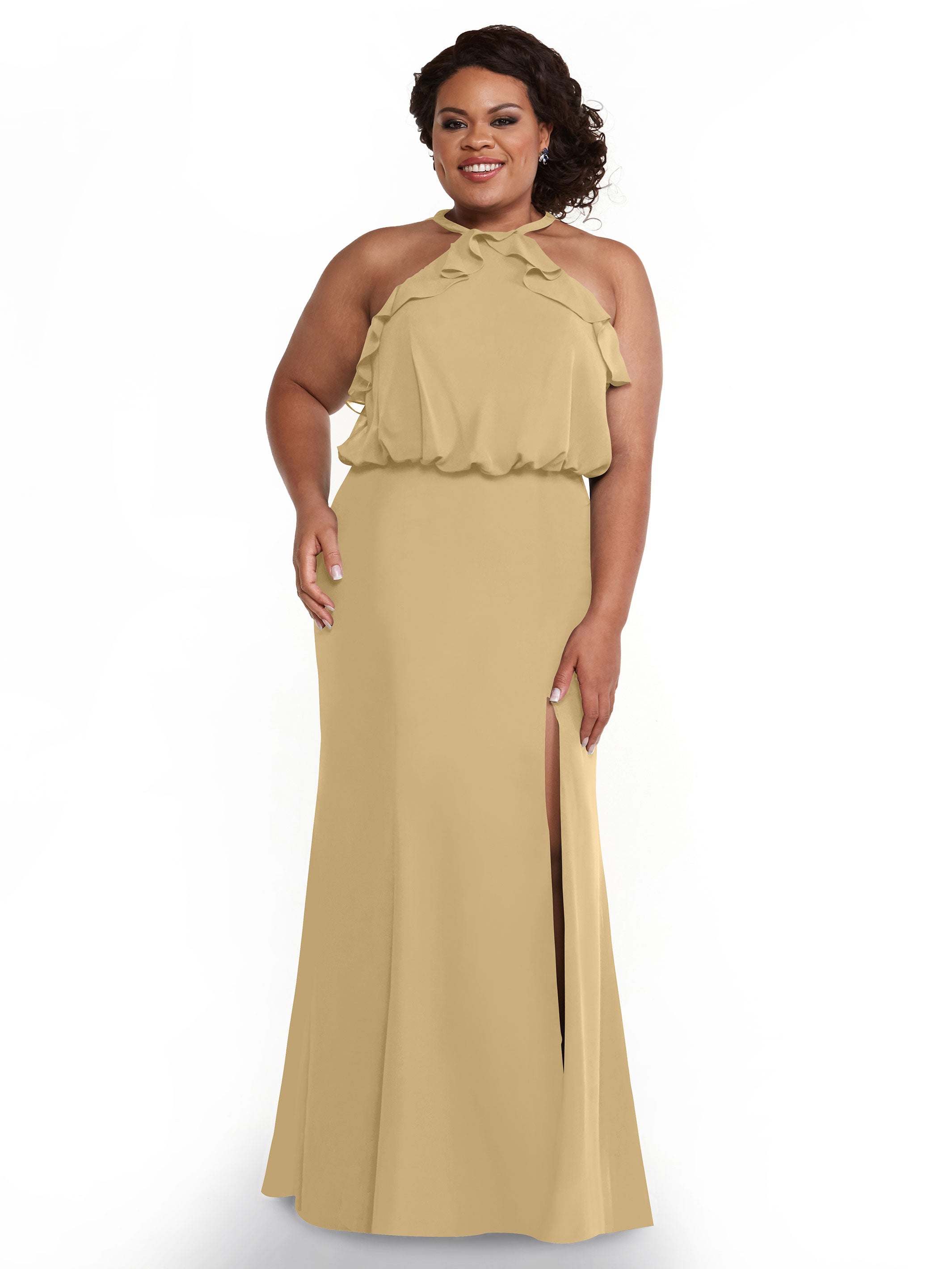 Elegant 80147 Fit and Flare Chiffon Bridesmaid Dress with Ruffled Neckline & Thigh Slit - Perfect for Weddings, Proms, and Formal Events