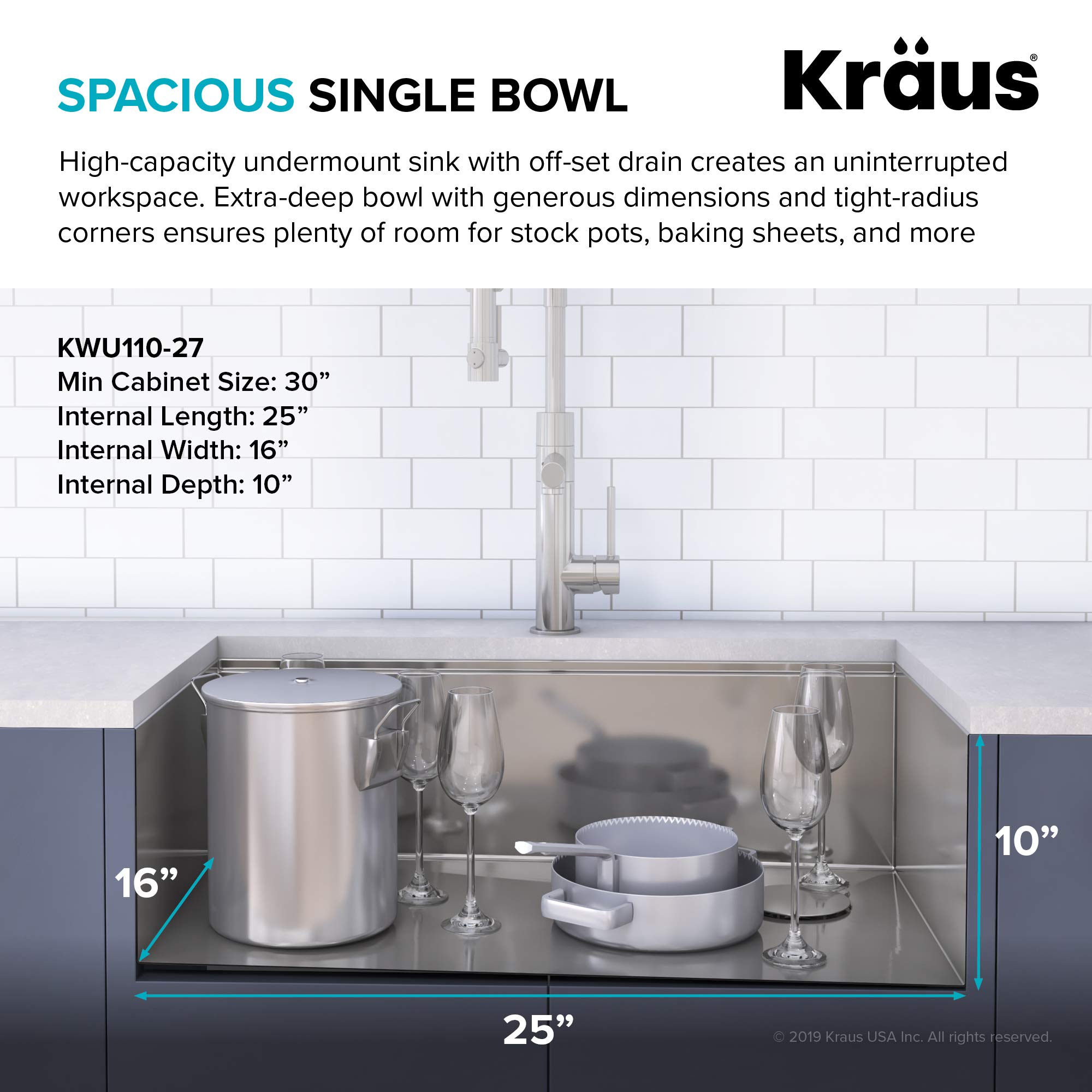 KRAUS Kore™ 27-inch Undermount 16 Gauge Stainless Steel Single Bowl Kitchen Sink with Accessories (5-Piece Set) & WasteGuard™ Garbage Disposal - Perfect for Modern Kitchens, Dishwashing, and Food Prep