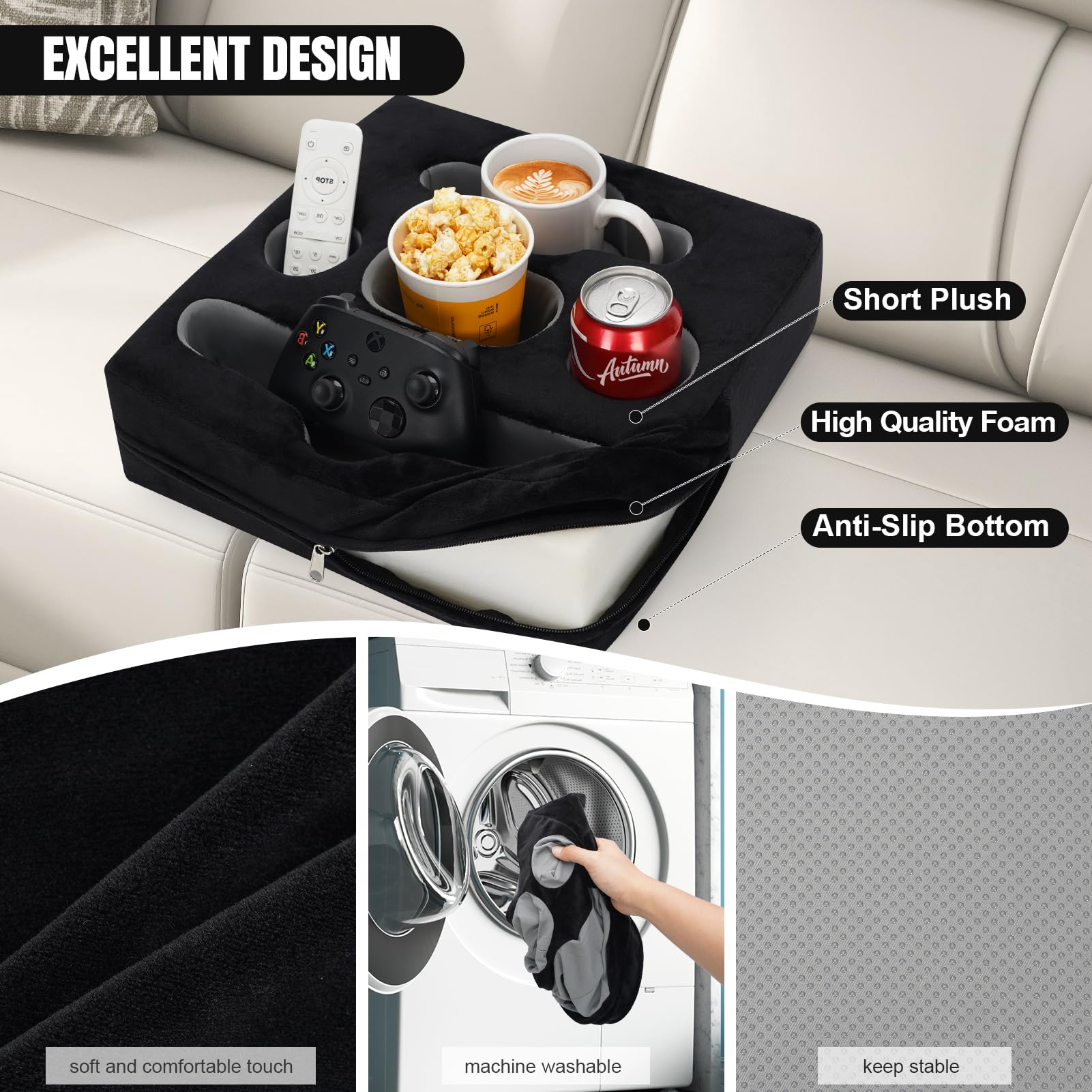 STBoo Couch Cup Holder Pillow Tray - Sofa Drink Holder with Snack & Phone Organizer | Portable Multi-Use Bed Caddy for Remote, Beverage, Tablet | Perfect for Car, Beach, RV, Boat, Bedroom & Outdoor Activities (Black)