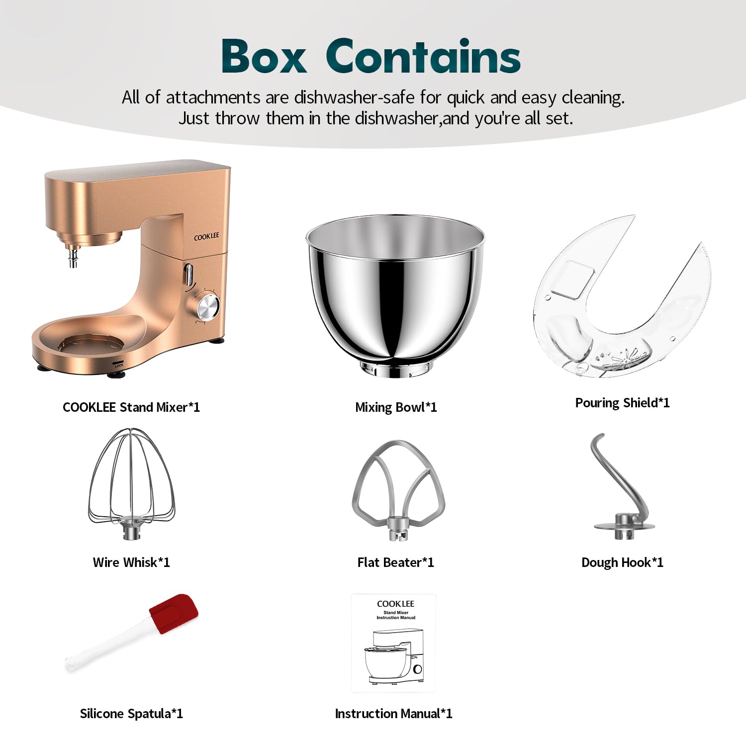 COOKLEE 9.5 Qt 660W Stand Mixer - Professional Electric Kitchen Mixer with Dishwasher-Safe Dough Hook, Flat Beater, Wire Whip & Pouring Shield Attachments - Perfect for Baking Bread, Cakes, Cookies & More - Champagne Color