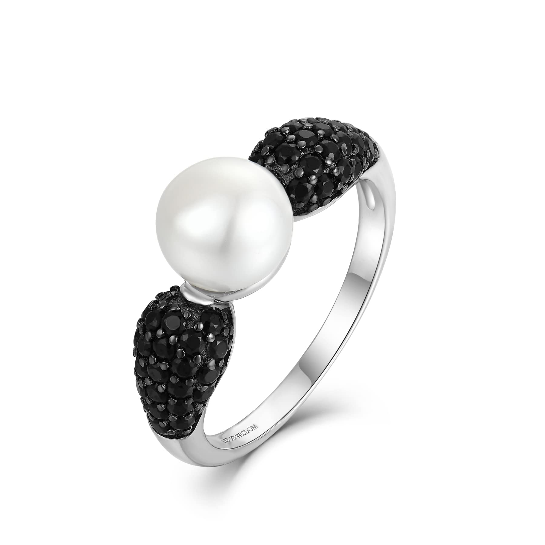 JO WISDOM 925 Sterling Silver Black Cubic Zirconia Pearl Ring for Women - 8mm White Freshwater Cultured Pearl, Size 5-10, Elegant Jewelry for Wedding, Party & Daily Wear