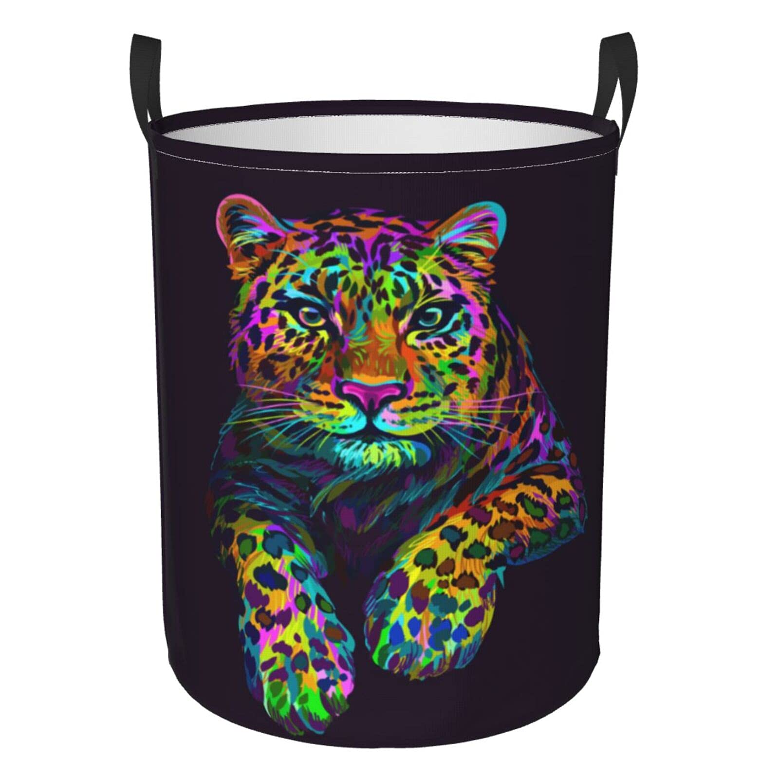 FeHuew Artistic Colorful Leopard Collapsible Laundry Basket with Handle - Waterproof Fabric Hamper for Clothes, Toys & Bathroom Storage - Large Foldable Organizer Bin for Home, Dorm & Laundry Room