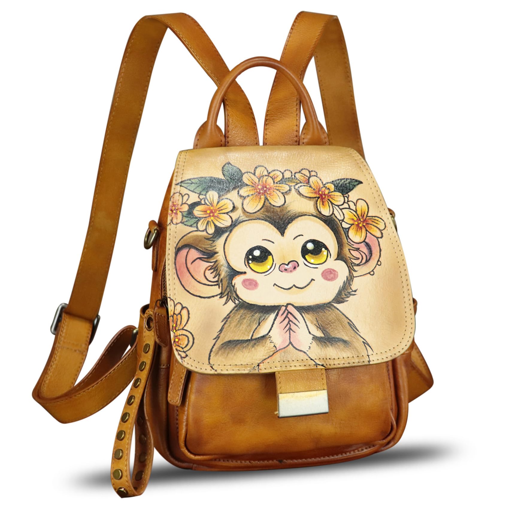 FEIGITOR Genuine Leather Backpack for Women - Hand Painted Designer Knapsack, Handmade Rucksack Purse for Casual Use, Daypack for Work, Travel & School (Pattern 3)