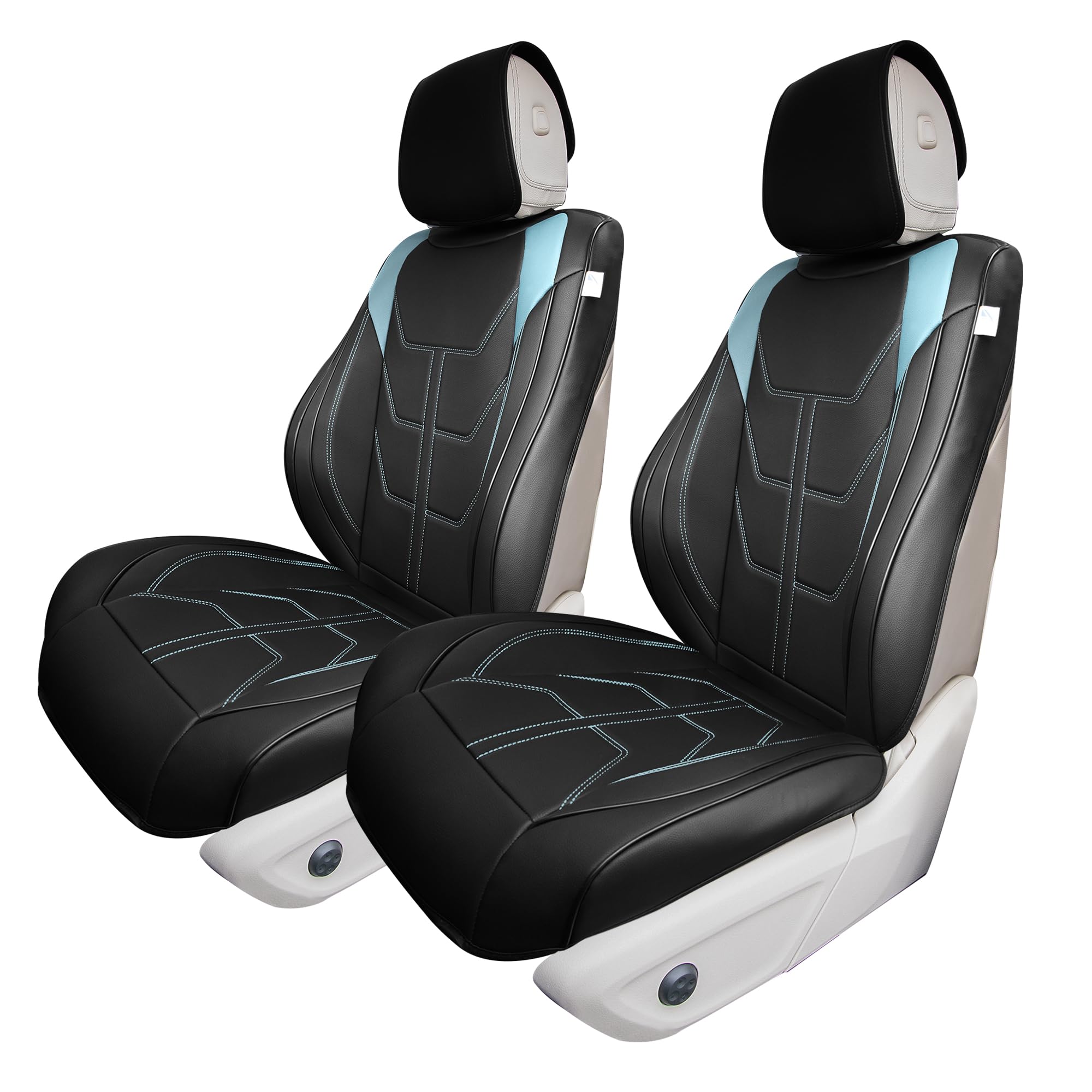 Premium TLH Bionic70 Deluxe Faux Leather Blue Car Seat Covers - 2-Pack Universal Fit Front Seat Covers for Cars, Trucks & SUVs | Waterproof Seat Protector with Contrast Stitching | Perfect for Daily Commute, Road Trips & Family Travel