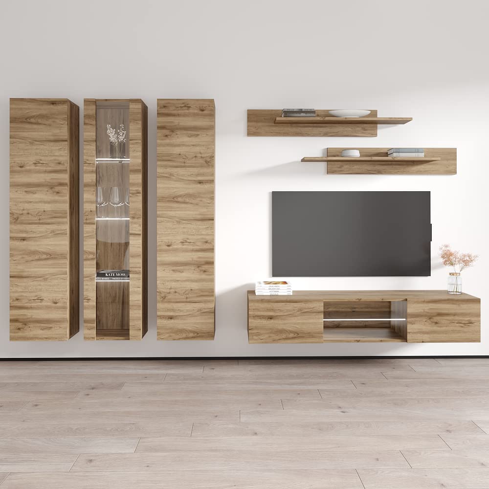 Modern Floating TV Stand with Storage & LED Lights - Wall-Mounted Entertainment Center for Living Room & Bedroom - Oak Wood TV Console with Shelves - Perfect for Small Spaces & Home Theater Setup