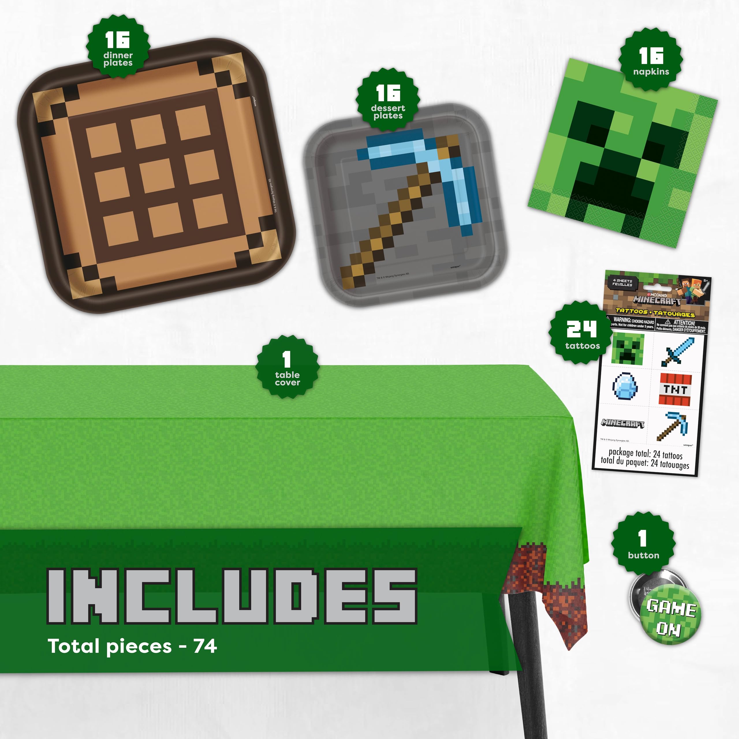 Minecraft Party Supplies for Boys and Girls - 16-Piece Birthday Decoration Set with Table Cover, Plates & More - Perfect for Kids' Birthday Parties, School Events & Themed Celebrations