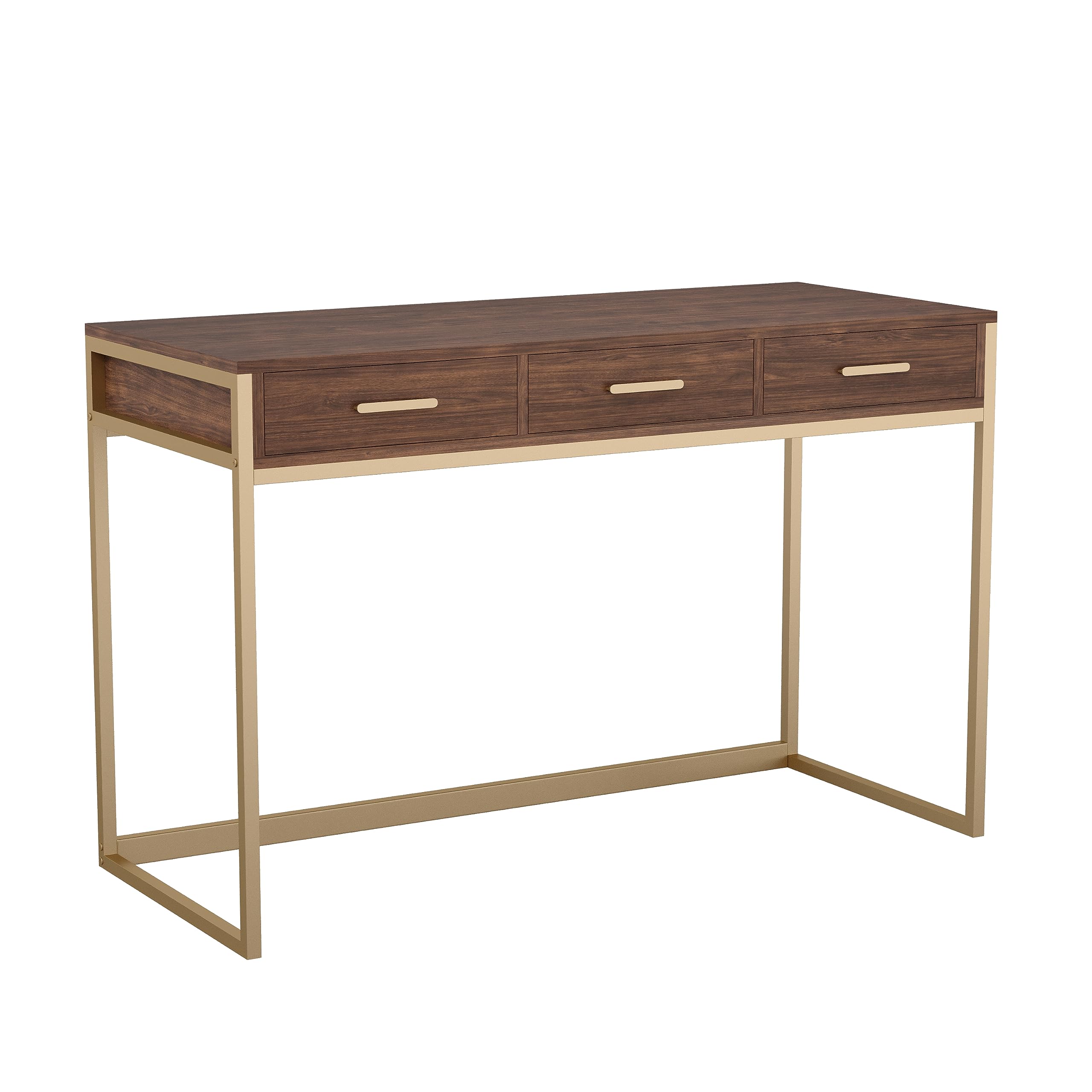 Martha Stewart Ollie Home Office Desk with 3 Drawers - Walnut Wood Grain & Polished Brass Hardware - Perfect for Small Spaces, Remote Work & Modern Home Offices