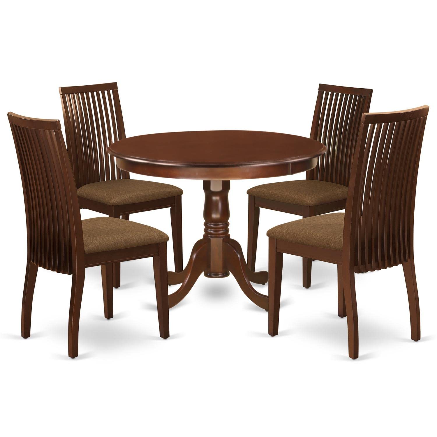 East West Furniture HLIP5-MAH-C 5-Piece Round Dining Table Set with 4 Fabric Chairs - 42 Inch Pedestal Table for Kitchen, Breakfast Nook or Small Space - Mahogany Finish Dinette Set for 4 People - Perfect for Family Meals, Entertaining Guests & Compact Dining Areas