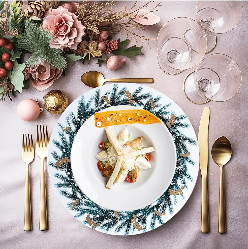 Henilosson 13-Inch Round Christmas Wreath Charger Plate - Holiday Dinnerware Set of 6 White Decorative Placemats - Perfect for Christmas Dinner, New Year's Party & Festive Table Setting