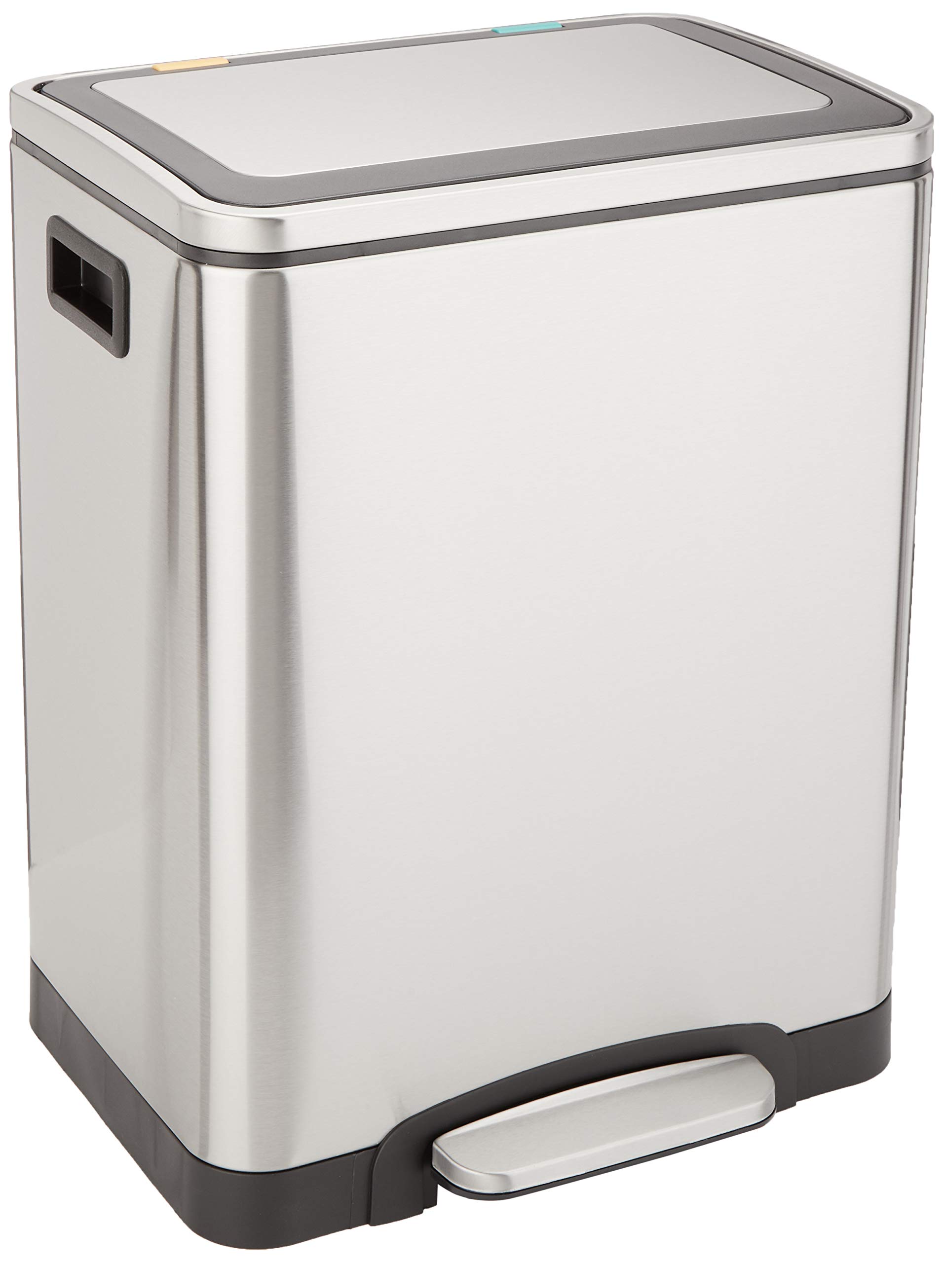 Amazon Basics 30L Dual Bin Soft-Close Trash Can with Foot Pedal - 2 x 15 Liter Bins, Stainless Steel | Kitchen & Office Waste Separation Solution