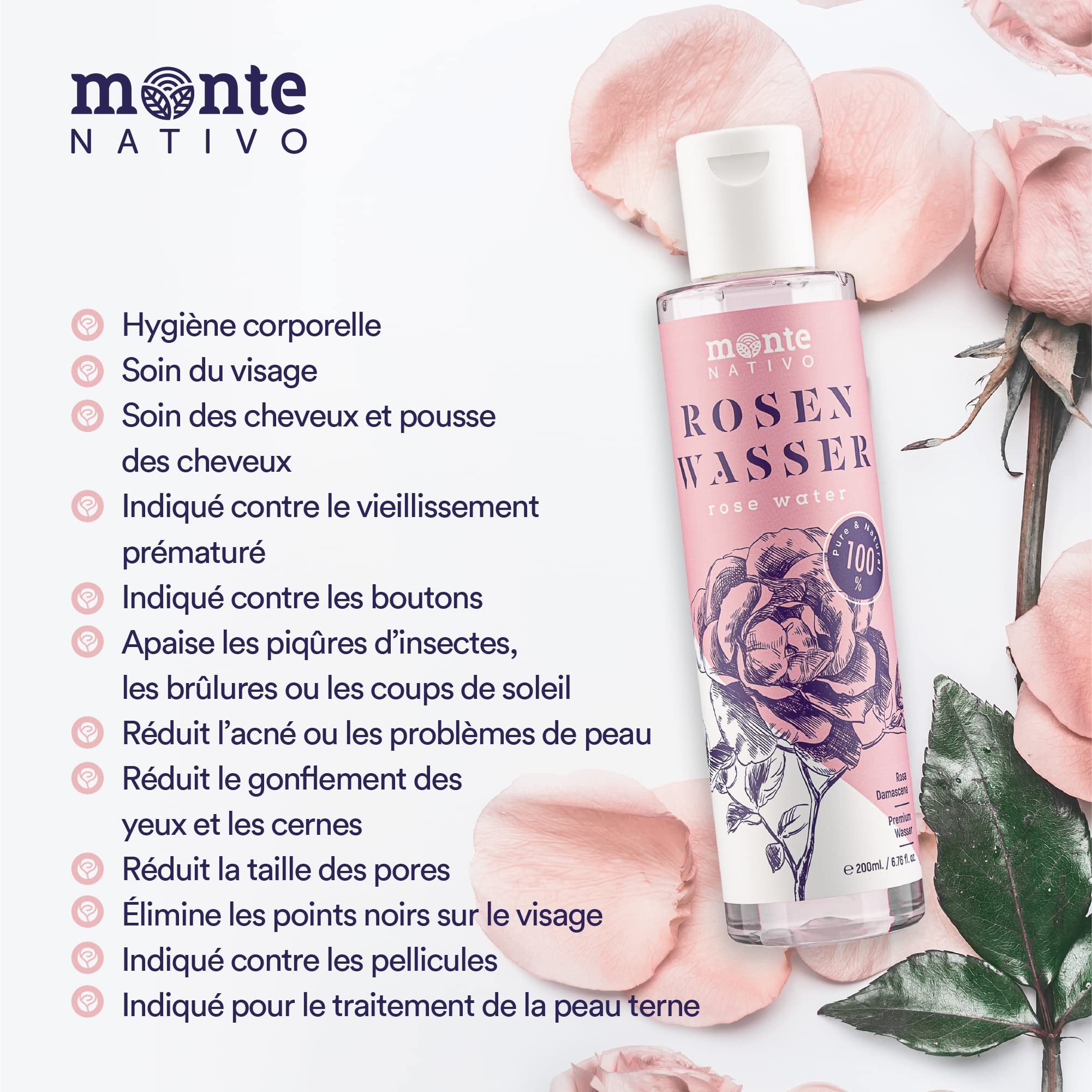 MonteNativo 100% Pure Rose Water - 2x200ml - Natural Rose Hydrosol, Triple Purified, Toning Facial Mist for Glowing Skin | Hydrating, Soothing & Refreshing for Daily Skincare, Makeup Setting & Aromatherapy