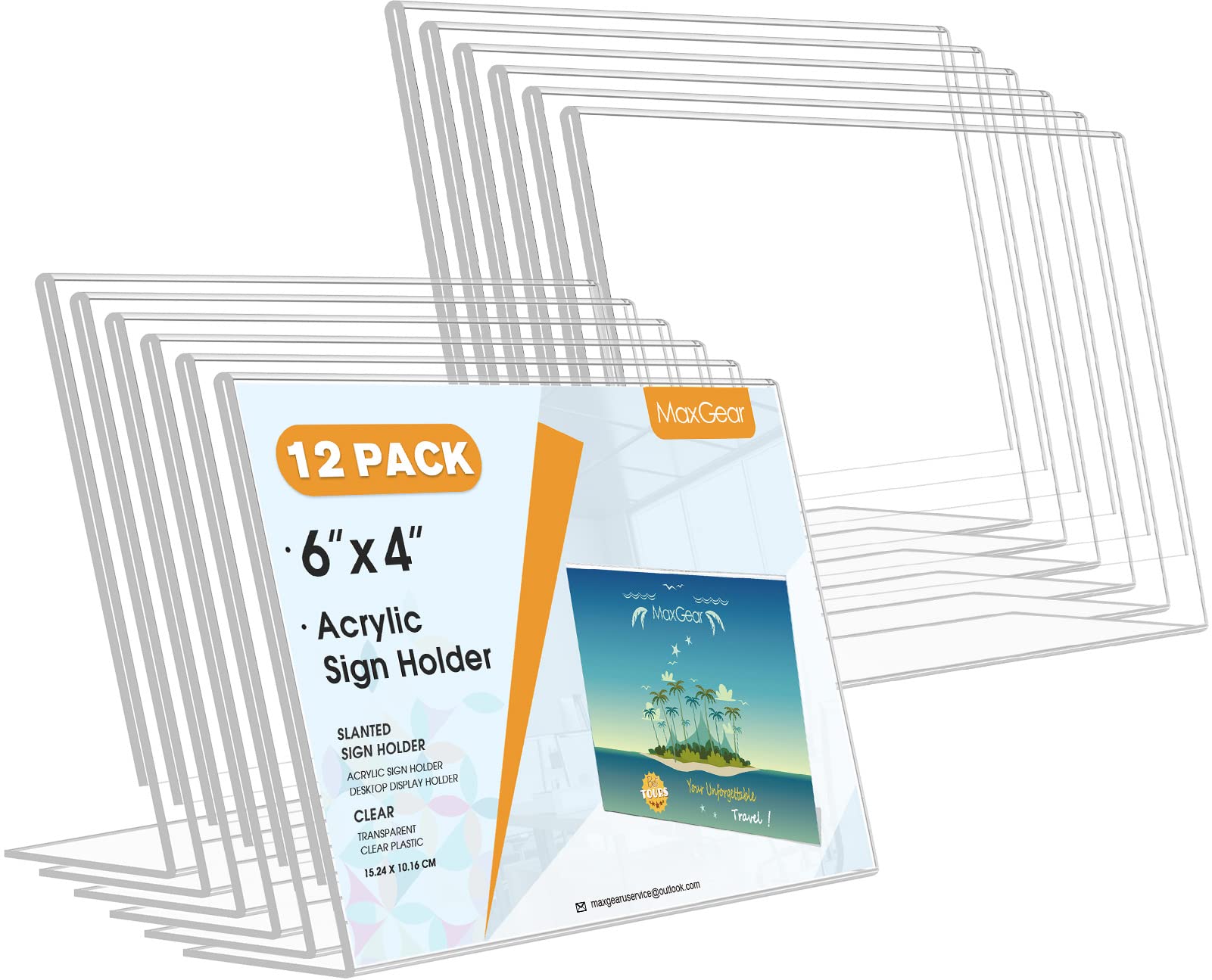 MaxGear 4x6 Inch Clear Acrylic Sign Holders - 12 Pack Slant Back Plastic Display Stands for Tabletop, Counter & Wall - Perfect for Office, Home, Store, Restaurant Menus, Promotions & Event Signage