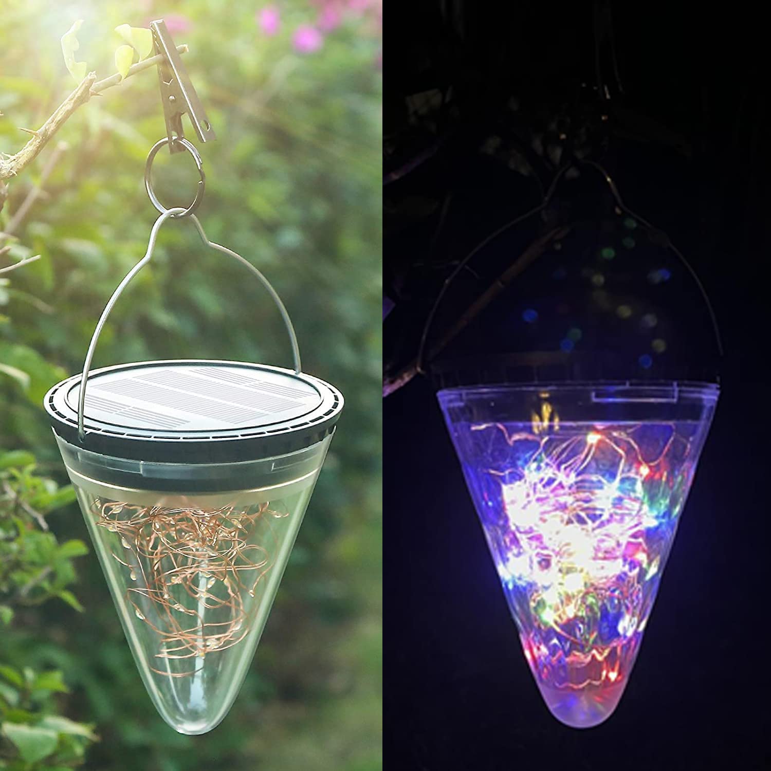 Solar Powered Outdoor Hanging Lights - Waterproof Crackle Glass Cone-Shaped Solar Lights with Handle & Clip for Garden, Patio, Yard (Multi-Color) | Perfect for Backyard Decor, Pathway Lighting & Holiday Displays