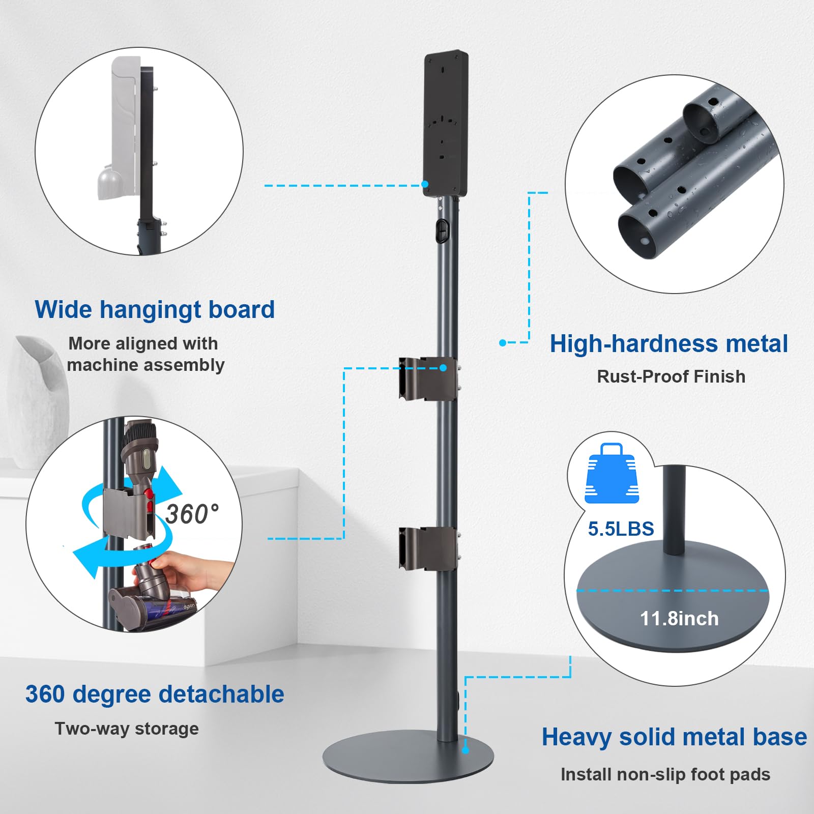 Dyson V7 V8 V10 V11 V12 V15 Vacuum Stand - Metal Storage Bracket Holder with Removable Clips & Hidden Cable Design | Wall Mount Charging Station for Cordless Stick Vacuums | Perfect for Home, Garage & Closet Organization