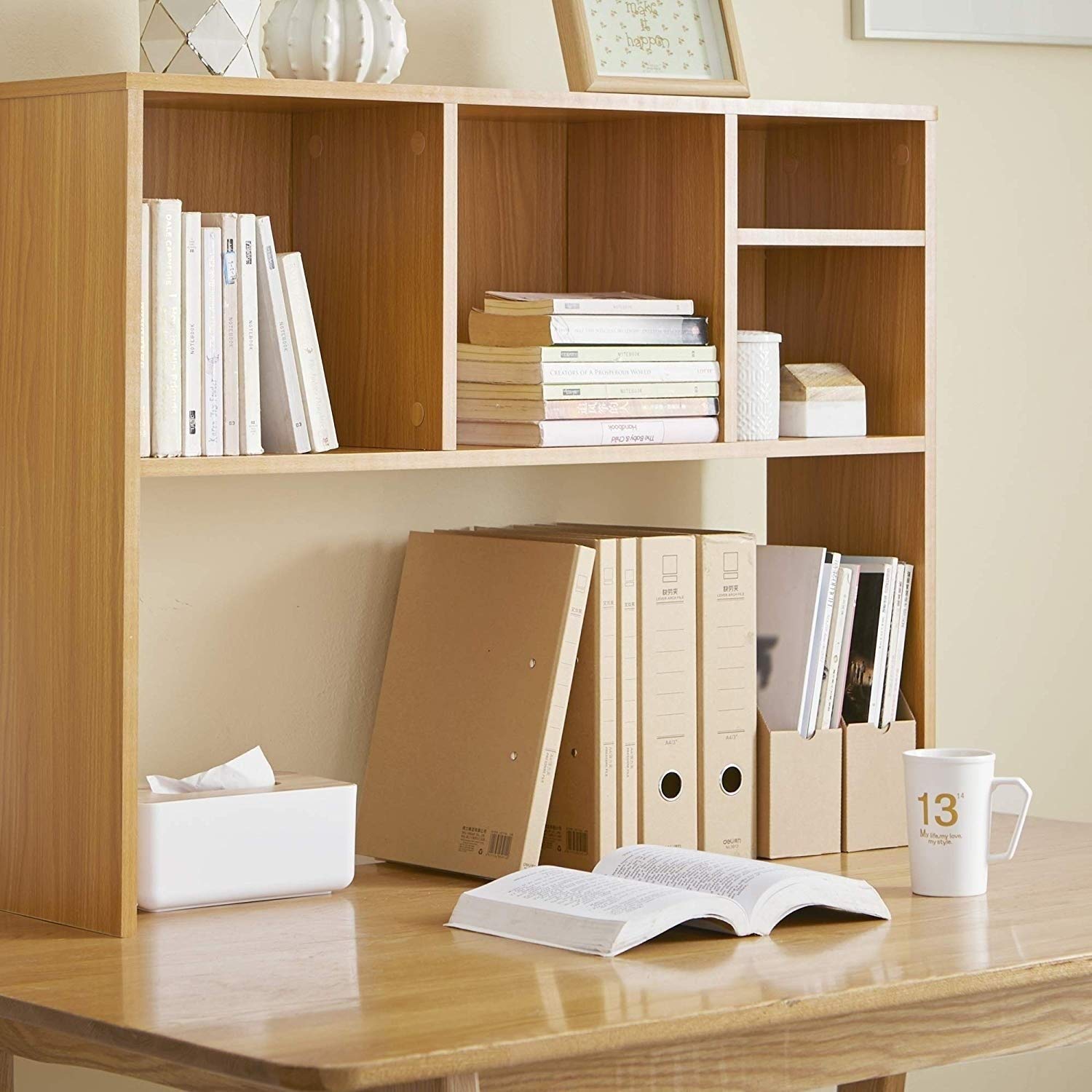 Beech Wood Cube Desk Bookshelf - Natural Brown Wooden Storage Shelf for Home Office, Living Room & Study