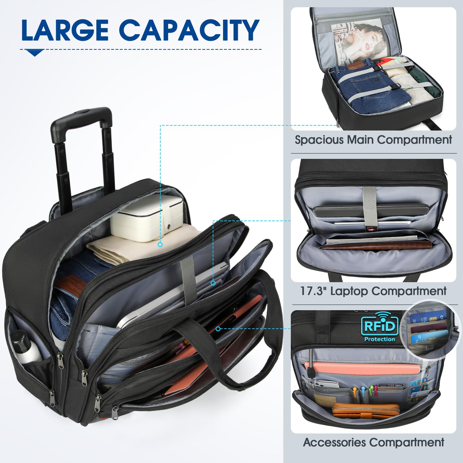 NUBILY 17.3 Inch Rolling Laptop Bag - Waterproof Wheeled Briefcase for Men & Women with RFID Pockets, Underseat Carry-On Luggage for Business Travel, Office & Airplane Use (Black)