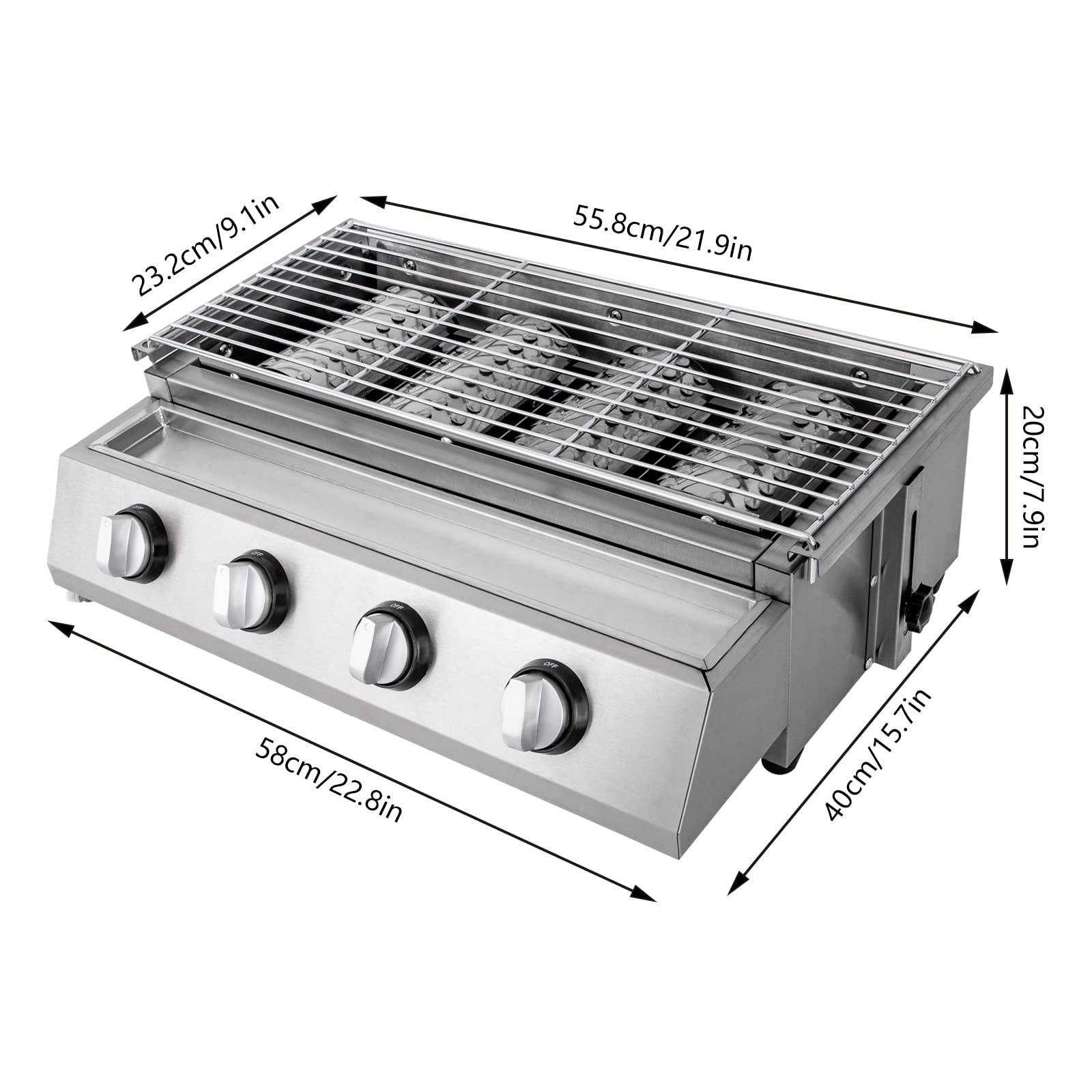 3 Burner Stainless Steel Commercial Gas Griddle - Adjustable Height LPG BBQ Grill for Outdoor Cooking, Camping & Picnics | Durable Countertop Grill with Removable Grill Net for Patio, Garden & Backyard Use