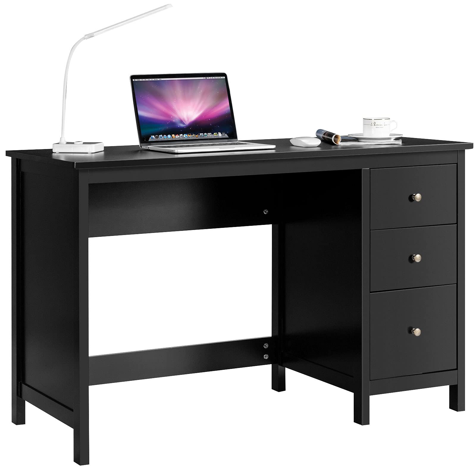 Tangkula Black Modern Home Office Desk with Storage Drawers - Spacious Computer Desk for Work, Study & Gaming - Compact Writing Desk with Drawers for Bedroom, Home Office & Small Spaces