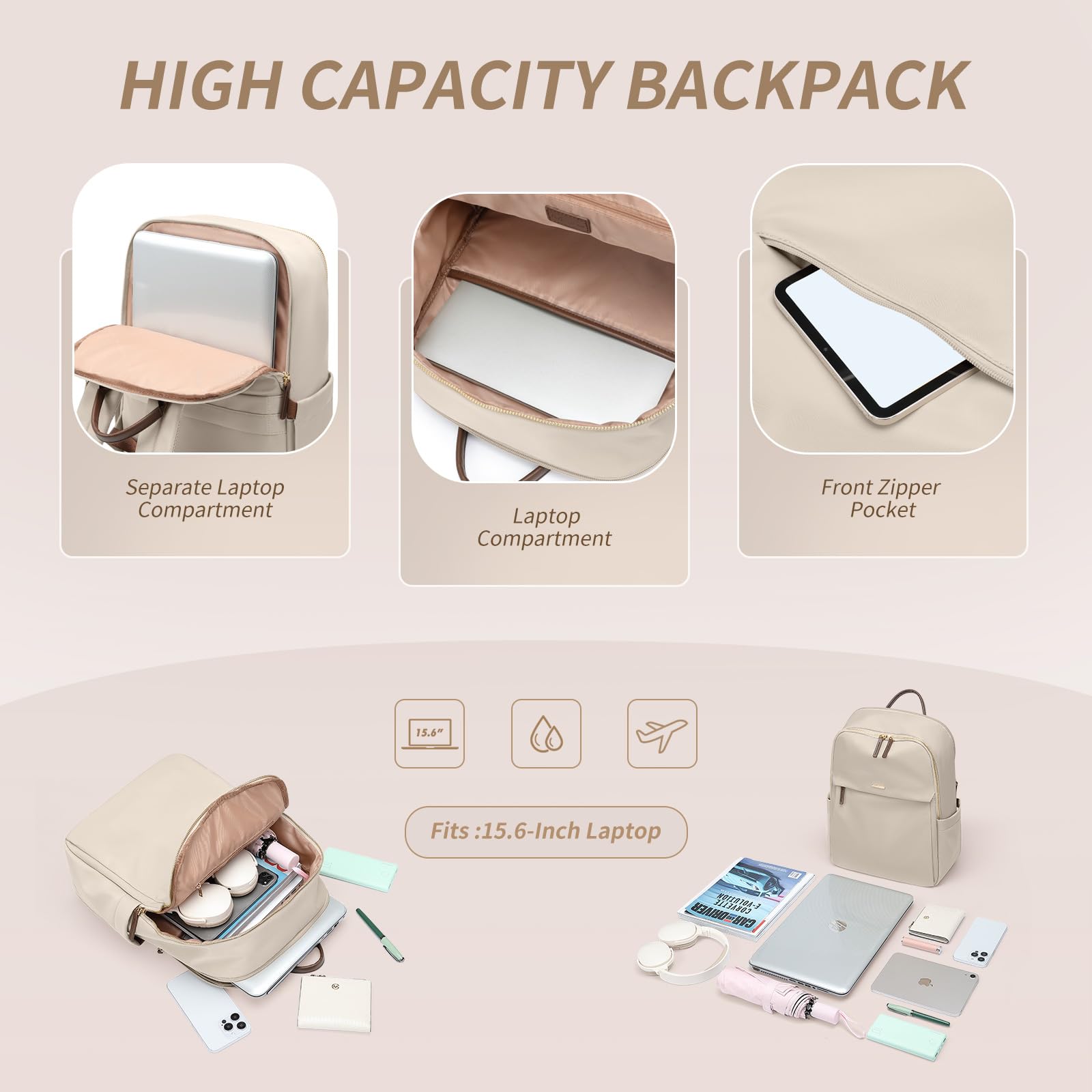 GOLF SUPAGS Women's Laptop Backpack with Separate 15.6 Inch Laptop Compartment - Waterproof Travel Backpack for Work, College, Business & Daily Use - Stylish Book Bag for Commuting & School Essentials