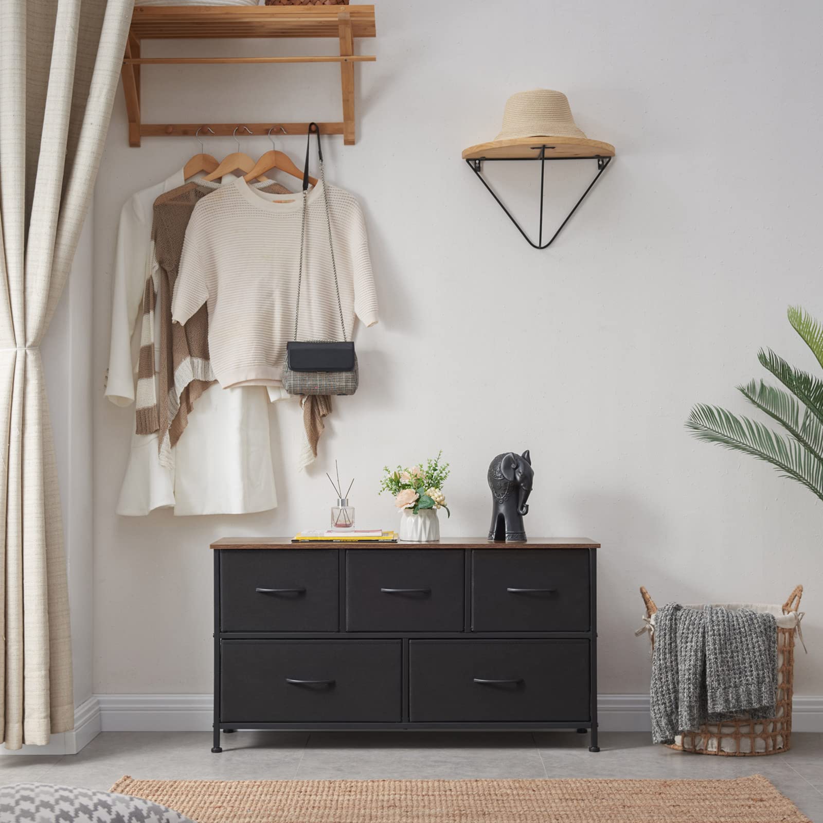 5-Drawer Dresser for Bedroom - Wide Storage Chest with Removable Fabric Bins - Black Dresser Organizer for Closet, Nursery, Living Room, Laundry & Entryway - Perfect for Small Space Organization & Home Decor