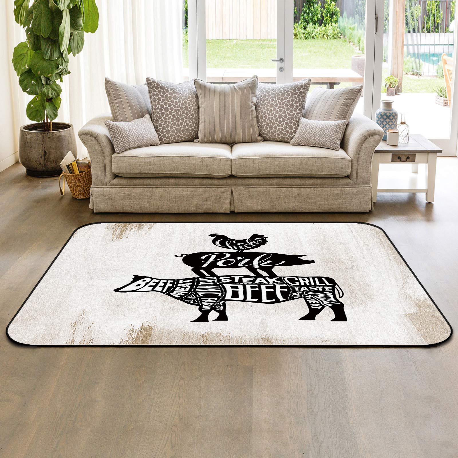 Farmhouse Style 4'x6' Large Non-Skid Area Rug - Washable Rectangle Carpet for Living Room, Bedroom & Kids Room with Animal Print (Cow, Pig, Chicken) - Perfect for Farmhouse Decor, Nursery & Playroom Floor Protection