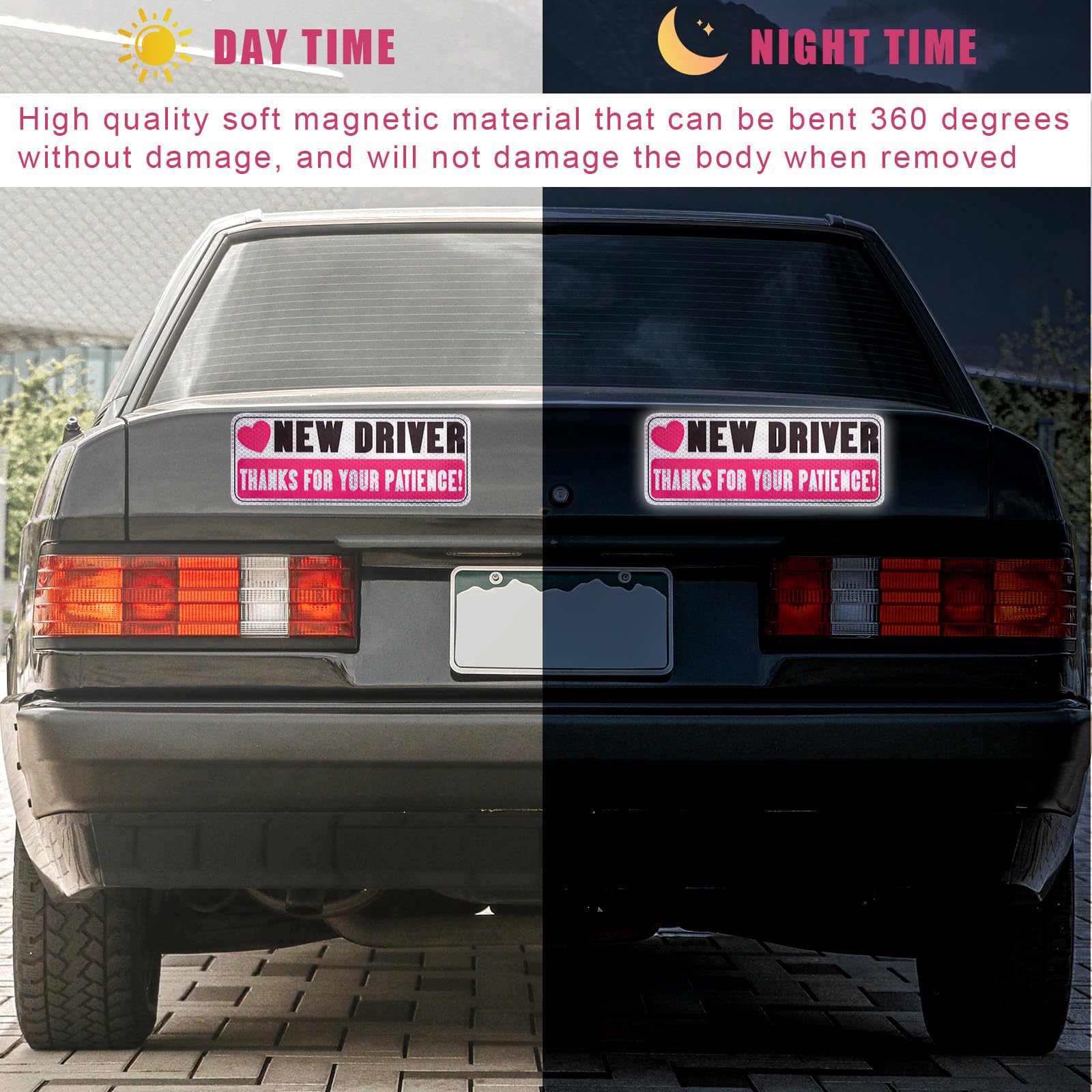3pcs Reflective New Driver Stickers - Removable Bumper Decals for Novice Drivers | Car Exterior Accessories | Improve Road Safety for New Drivers | Perfect for Commuting, Driving Practice & Night Visibility