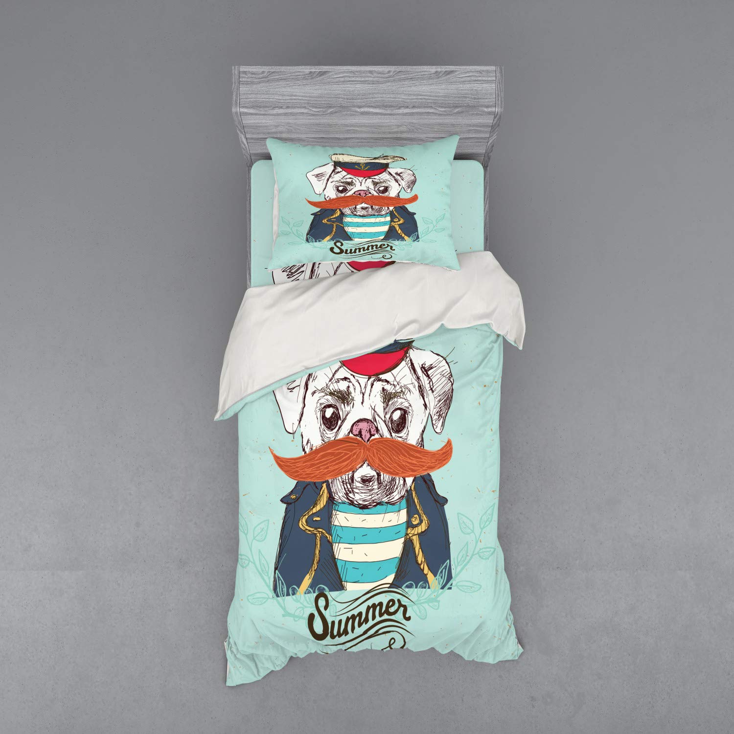 Ambesonne 3-Piece Pug Duvet Cover Set - Twin XL Size, Navy Blue Pale Blue Orange, Funny Captain Dog with Hat Mustache Jacket Design - Perfect for Kids' Rooms, Dog Lovers' Bedrooms, and Unique Home Decor