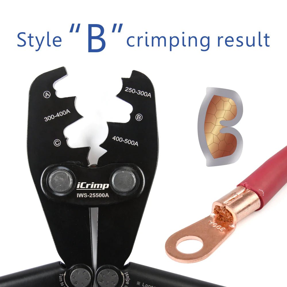 IWS 25500A Battery Cable Crimper Tool for 250A to 500A Open Barrel Lugs - Lead Free OEM Battery Terminals - Perfect for Automotive, Marine, and Solar Power Applications