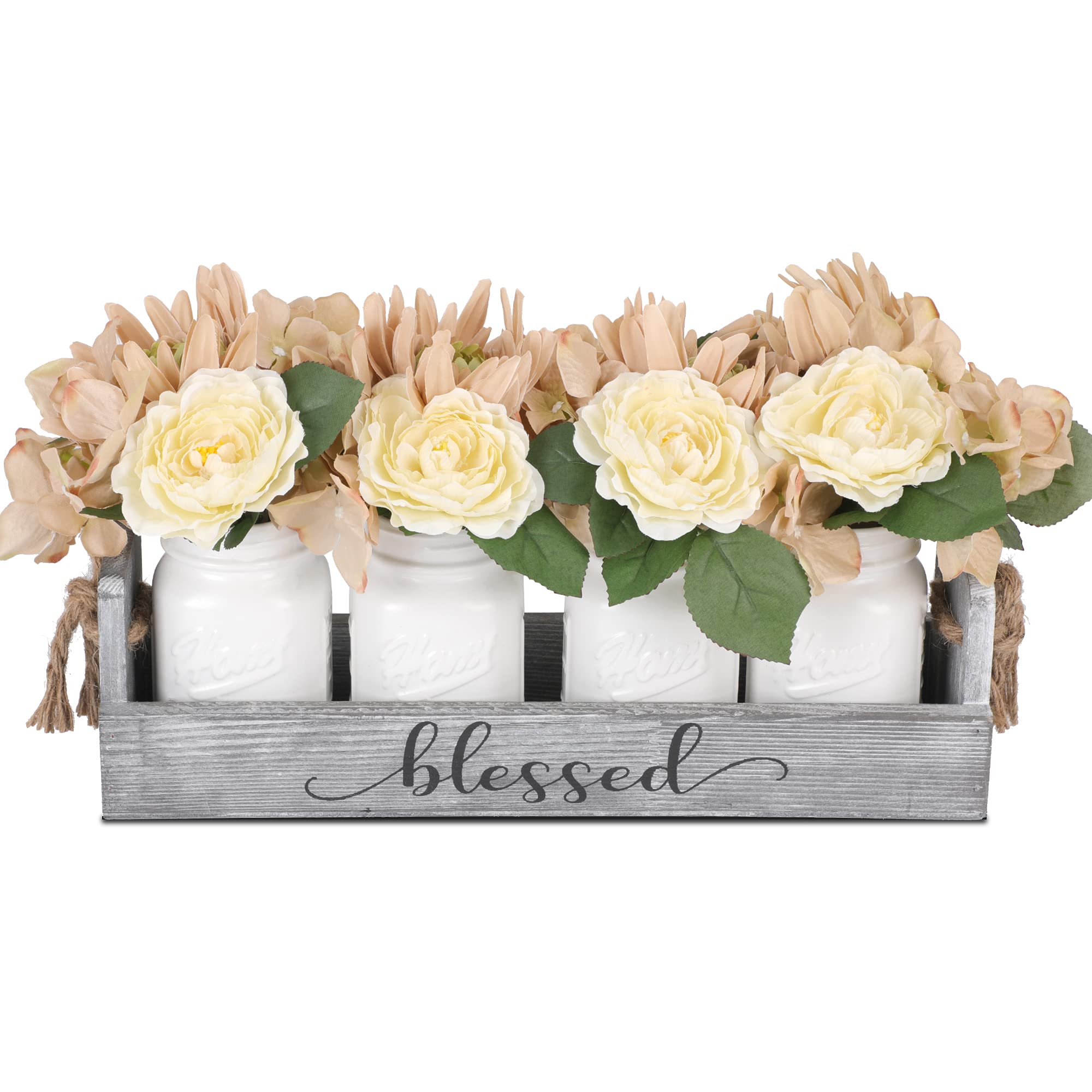 Rustic Floral Mason Jar Centerpiece Set of 3 - Farmhouse Style Table Decor with Beautiful Flower Arrangement in Antique White - Perfect for Weddings, Dining Tables, and Home Décor