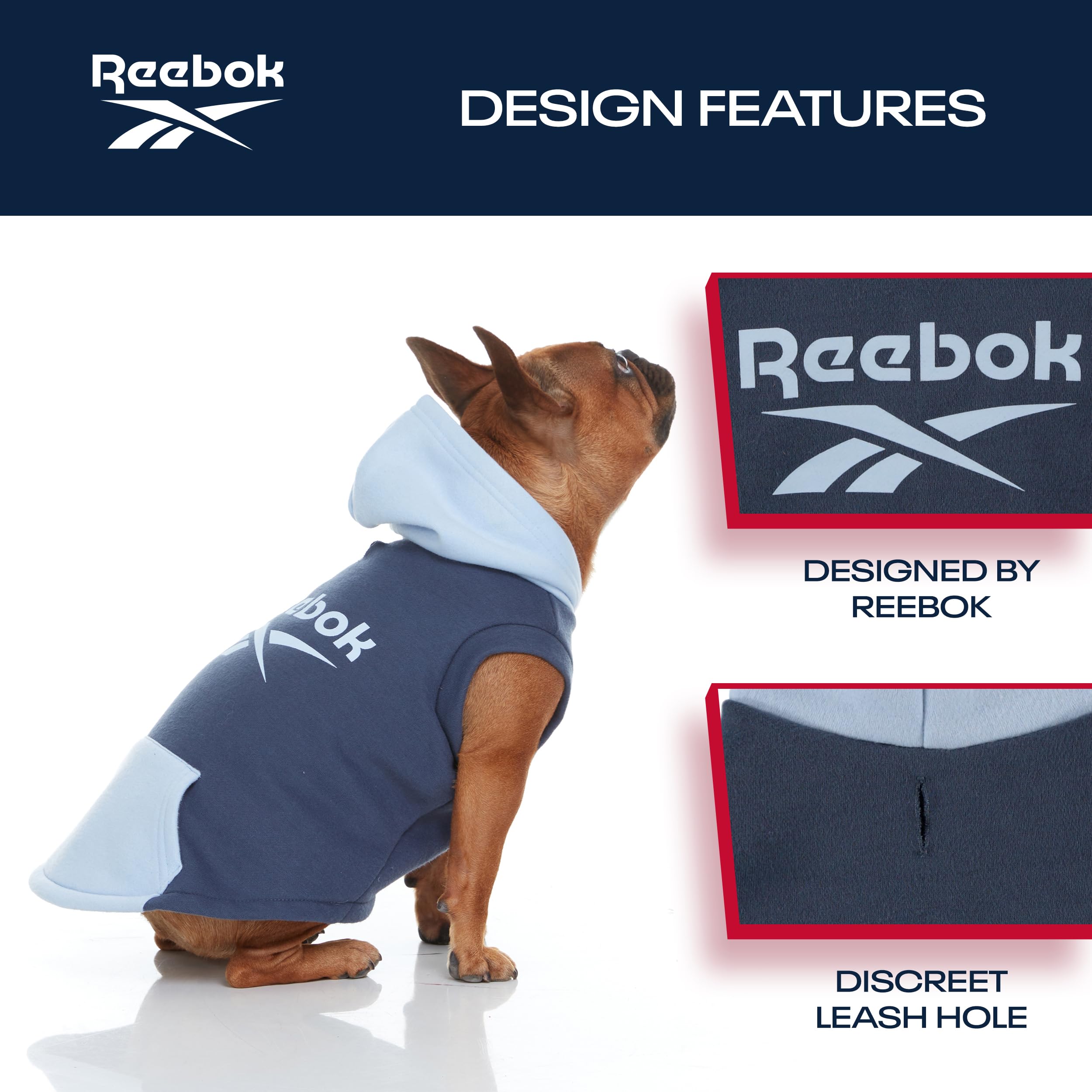 Reebok Fleece Dog Hoodie with Leash Hole - Warm Winter Dog Sweater for Small, Medium & Large Dogs | Cozy Pullover Hooded Sweatshirt for Fall & Christmas Outfits | Perfect for Cold Weather Walks & Holiday Photos