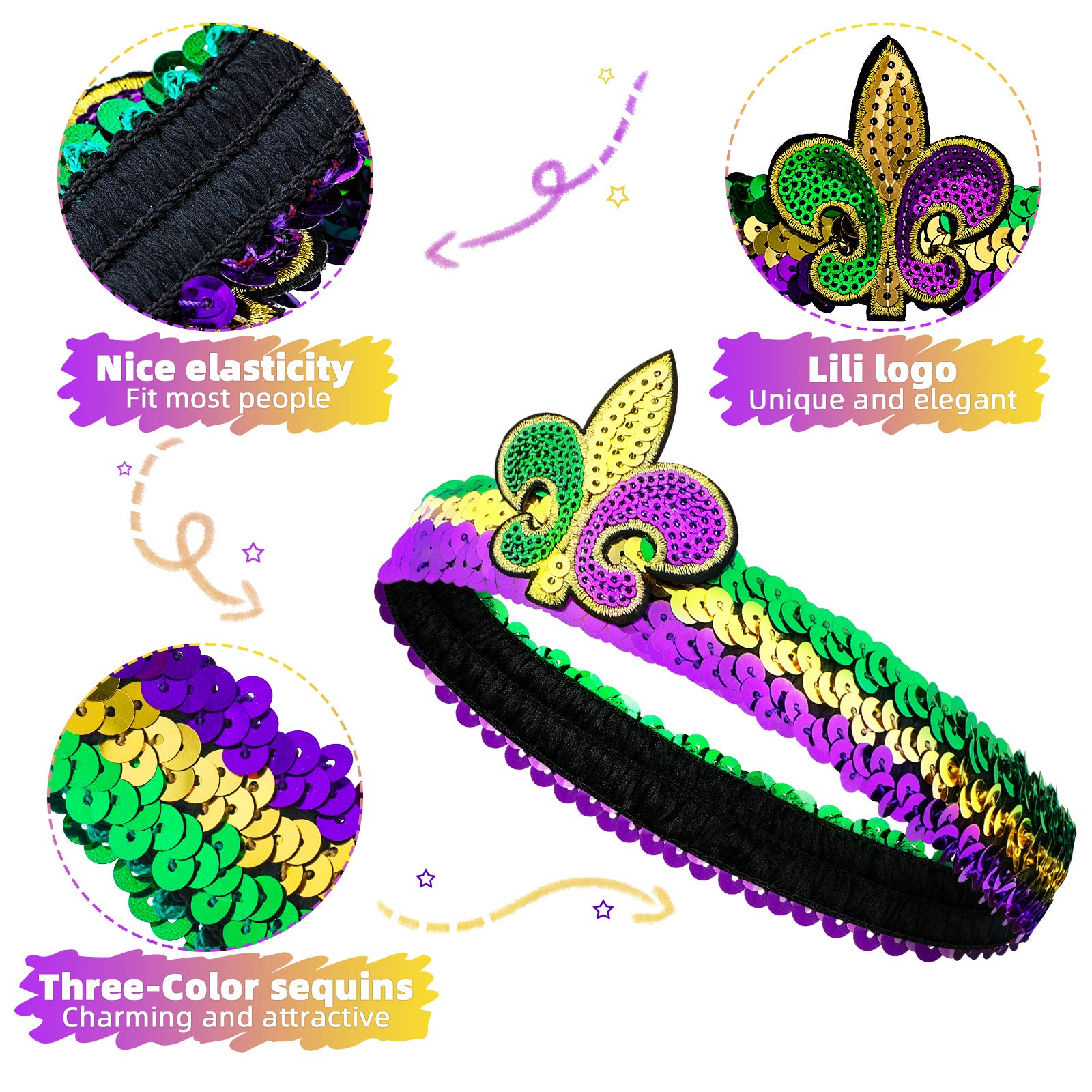 Chuangdi 3-Piece Mardi Gras Fleur De Lis Sequin Headbands - Glitter Elastic Hair Bands for Women & Adults - Carnival Party Costume Accessories in Multi-Colors - Perfect for Festivals, Parades & Themed Events