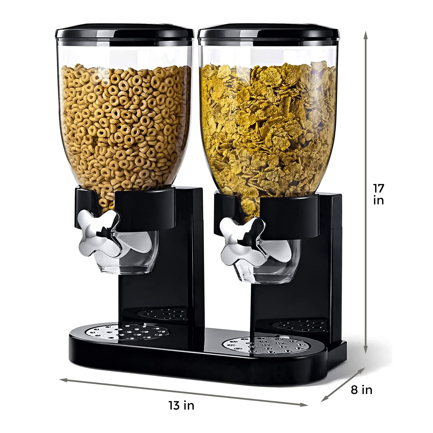 Premium Single/Double Plastic Dry Food Dispenser with Twist Dial - Accurate Portion Control for Cereals, Nuts & Snacks - Airtight Storage Keeps Food Fresh - Ideal for Kitchen, Pantry & Office (Black, Double Pack)