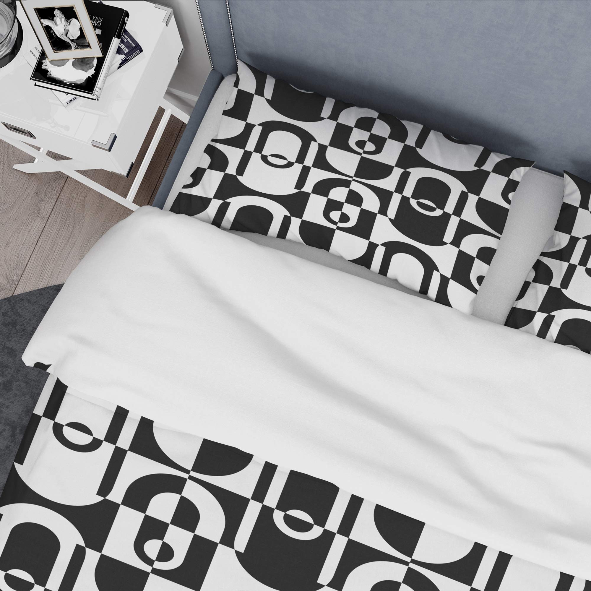 DesignQ Monochrome Geometric Pattern VIII Mid-Century Modern Duvet Cover Set - King Size Black Bedding (3-Piece) | All-Season Luxury Bedding for Master Bedroom & Guest Room Decor