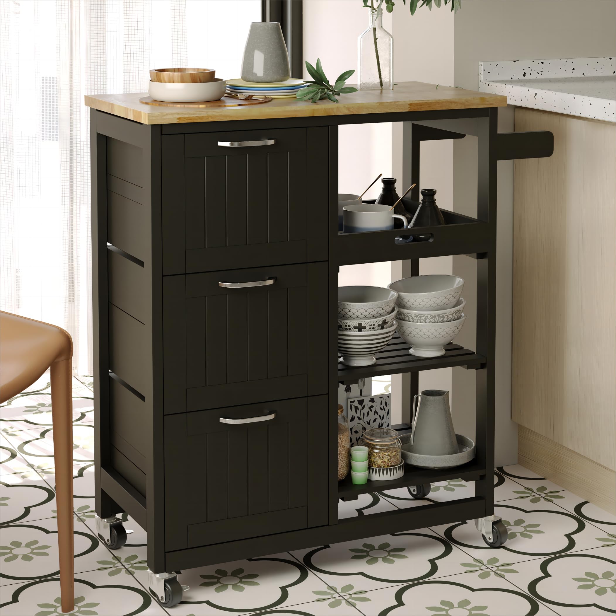 Usinso 3-Tier Rolling Kitchen Cart with Storage - Small Kitchen Island on Wheels, 3 Drawers & Solid Wood Top, Handle Racks - Perfect for Small Spaces, Serving Bar Cart, Pantry Organization & Mobile Kitchen Workstation (Black)