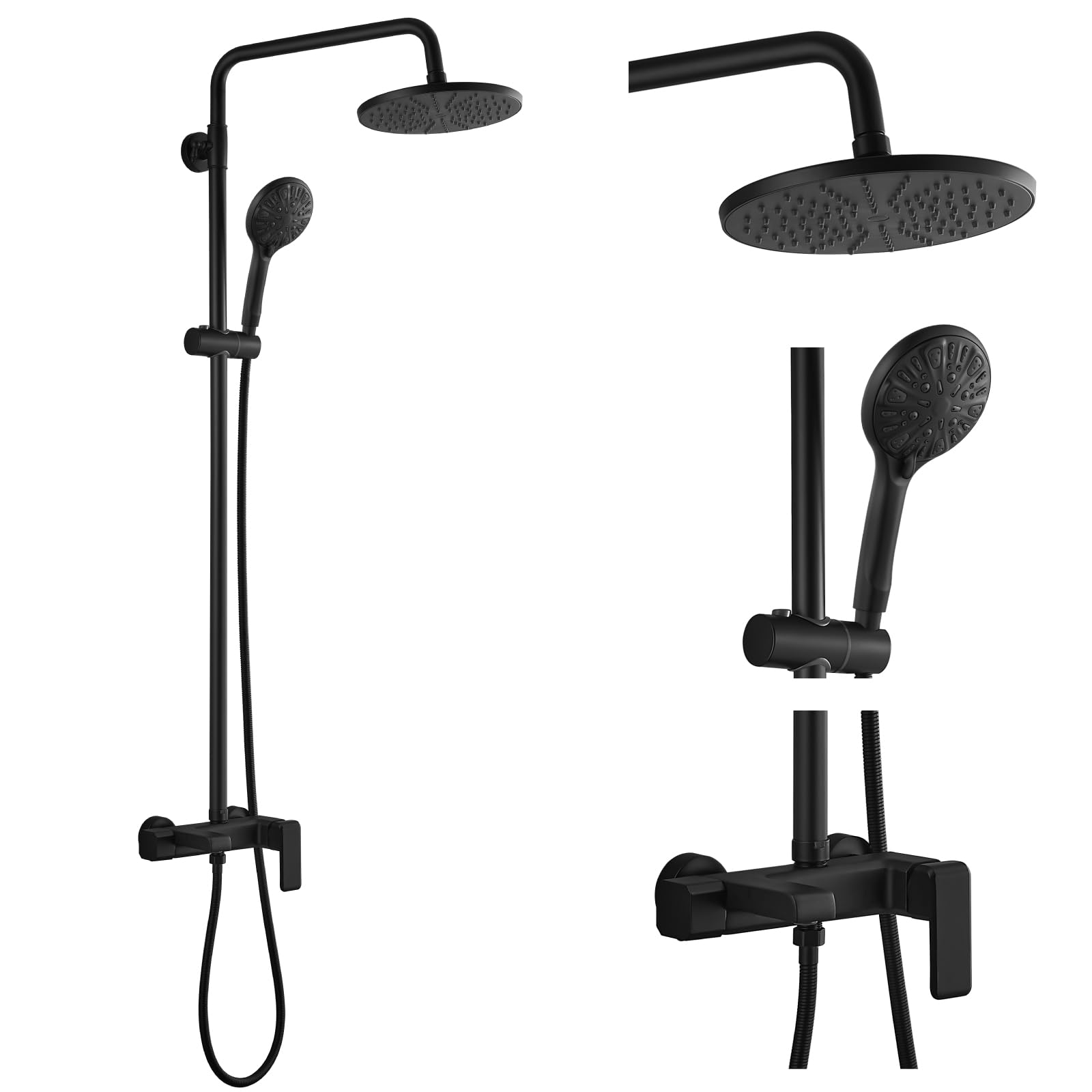 Gotonovo Matte Black 8-Inch Rainfall Shower System - Triple Function ABS Shower Head, Tub Spout & Handheld Spray Combo with Round Handle | Perfect for Modern Bathroom Renovations & Spa-Like Shower Experience