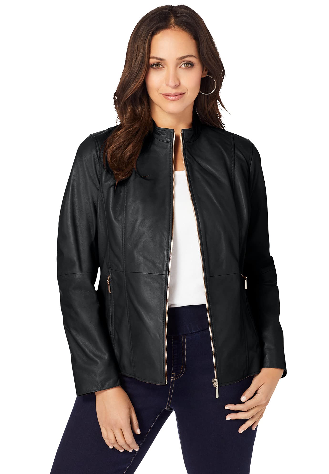 Jessica London Plus Size Leather Jacket for Women - Stylish Zip Front for Casual Outings
