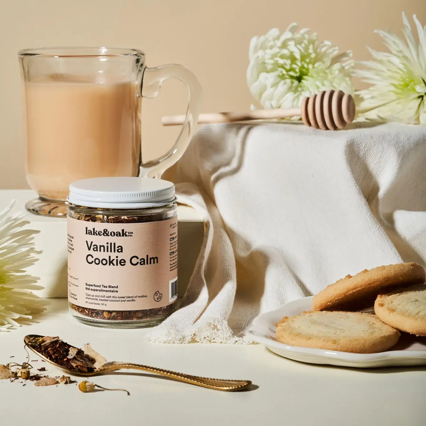 LAKE & OAK Vanilla Cookie Calm Superfood Tea Blend - Relaxing Herbal Tea for Stress Relief & Sleep - Perfect for Evening Relaxation & Self-Care Rituals