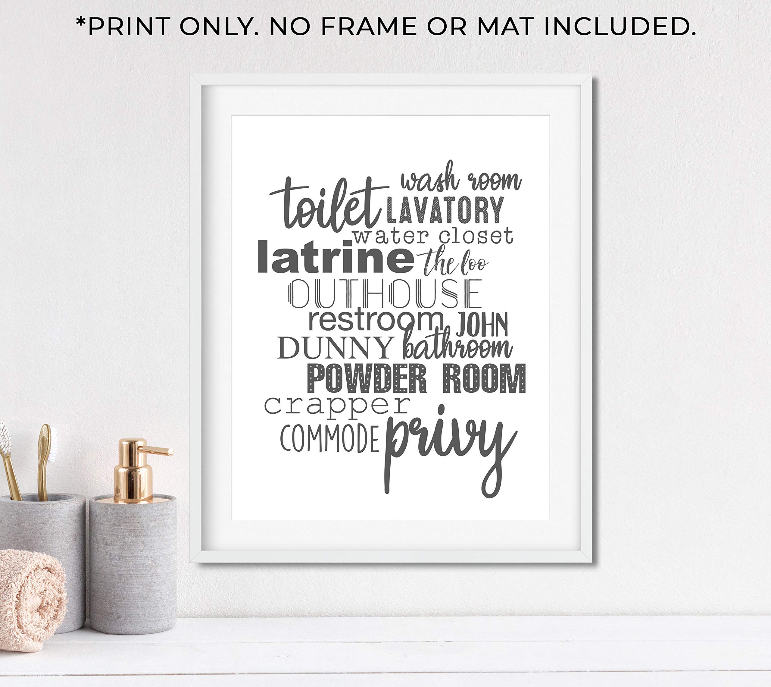 Funny Bathroom Sign - Toilet Bathroom Names Unframed 11x14 Art Print - Perfect for Home Decor, Housewarming Gift & Bathroom Wall Art