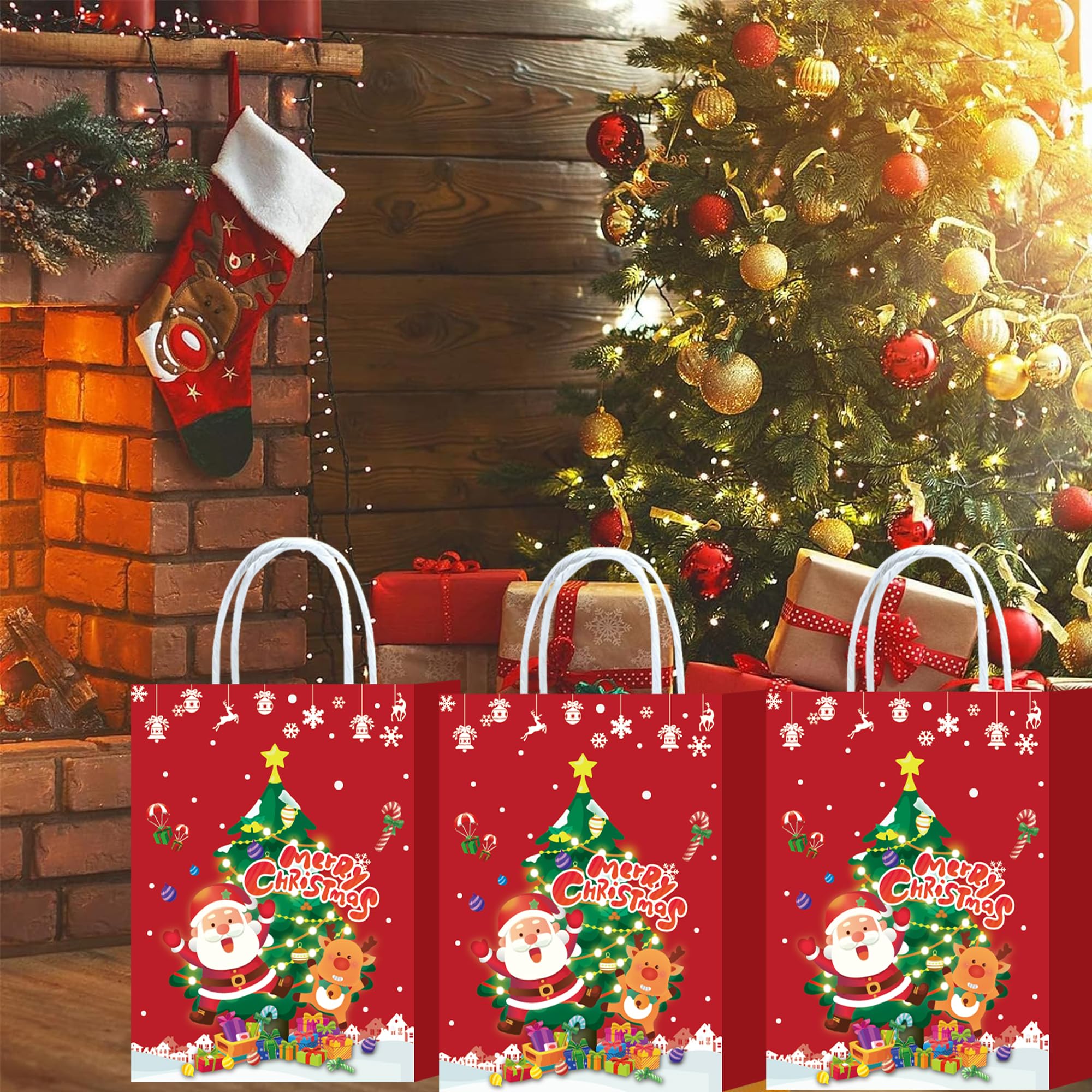 24PCS Christmas Gift Bags with Handles - Santa Claus Holiday Party Favors for Xmas Decorations, Presents & Goodie Bags (Deer Pattern, 16