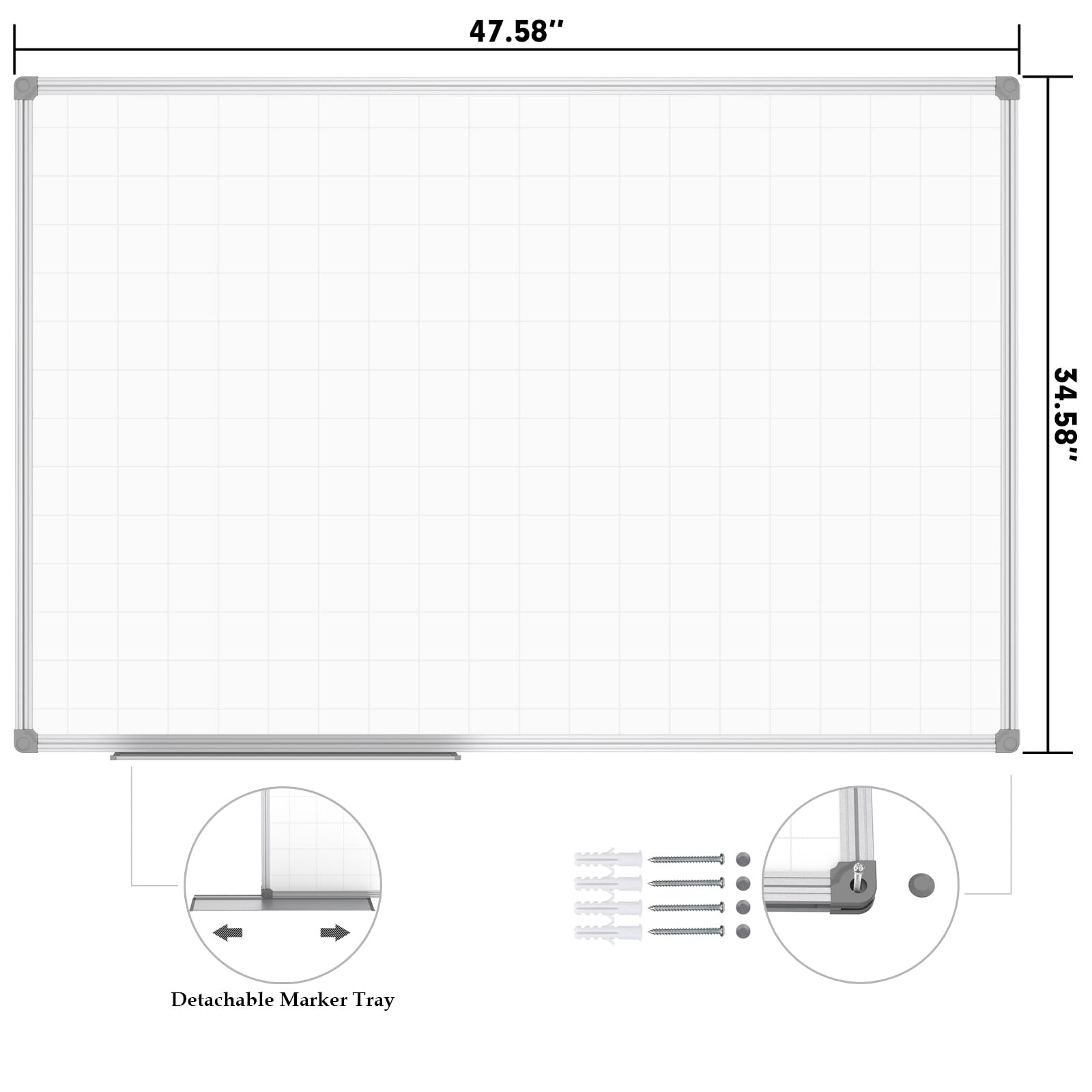 JILoffice 48x36 Inch Magnetic Dry Erase Whiteboard with Grid Pattern - Silver Aluminum Frame & Detachable Marker Tray - Perfect for Office, Classroom, Home Office & Meeting Room Organization